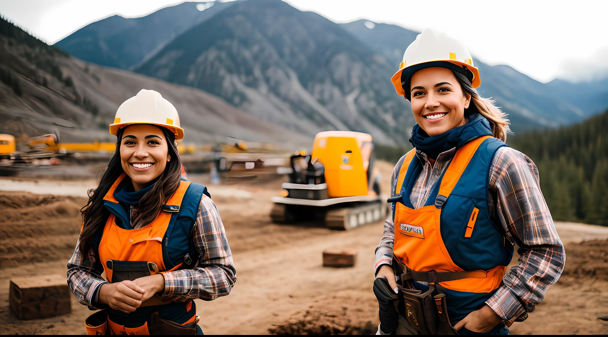A delightful scene of a woman, her warm smile contrasting with her rugged attire, portraying strength as a construction worker, Sony A6400 with 16-50mm f/3.5-5.6 lens, balanced outdoor light, lifestyle photography.