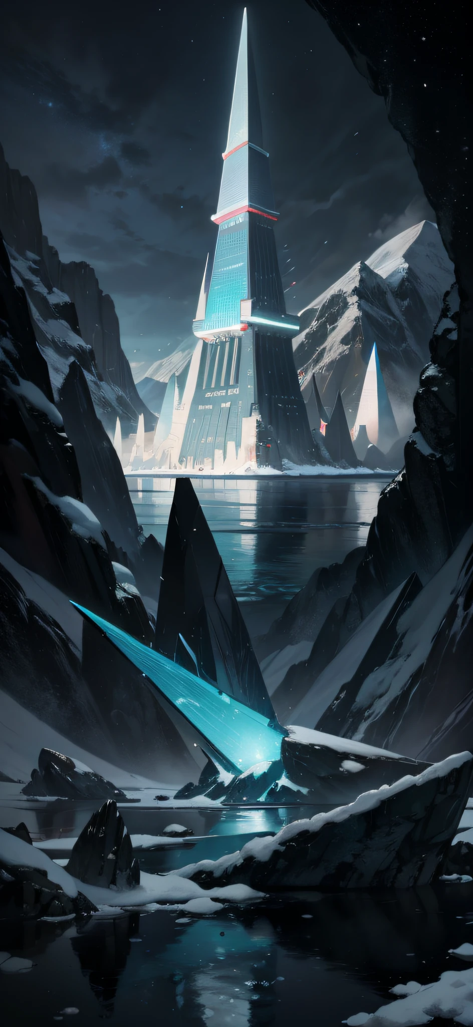 Neon pyramids in abstract style stand under the evening sky, Surrounded by snow-capped mountains and reflections of water. This minimalist composition embodies abstraction, Cinematography, Technology,