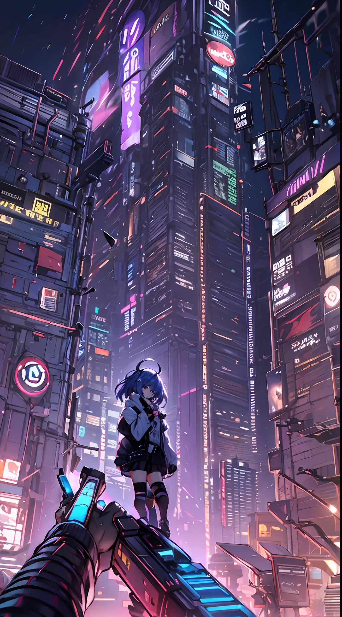 Noite, Fundo colorido da cidade cyberpunk, menina de rua, seele,honkai impact,, olhos azuis, olhos brilhantes, Meias pretas, retroiluminado, brilhar, Surveying the audience, Low angle lens, olhando para cima lente, perfect composition, delicadeza perfeita de luz e sombra, 8k