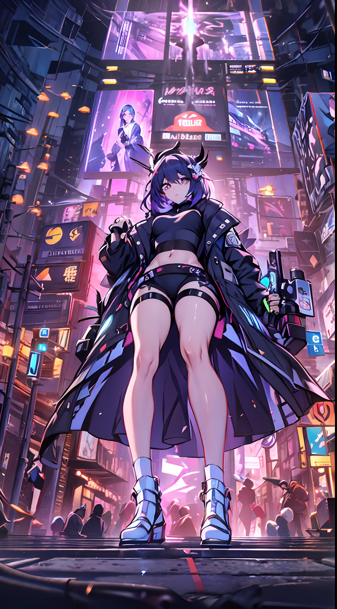 Noite, Fundo colorido da cidade cyberpunk, menina de rua, seele,honkai impact,, olhos azuis, olhos brilhantes, Meias pretas, retroiluminado, brilhar, Surveying the audience, Low angle lens, olhando para cima lente, perfect composition, delicadeza perfeita de luz e sombra, 8k