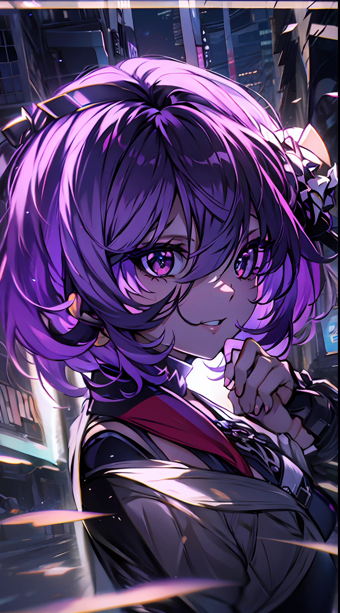 Noite, Fundo colorido da cidade cyberpunk, de rua, seele,honkai impact,, olhos azuis, olhos brilhantes, Meias pretas, retroiluminado, brilhar, Surveying the audience, Low angle lens, olhando para cima lente, perfect composition, delicadeza perfeita de luz e sombra, 8k