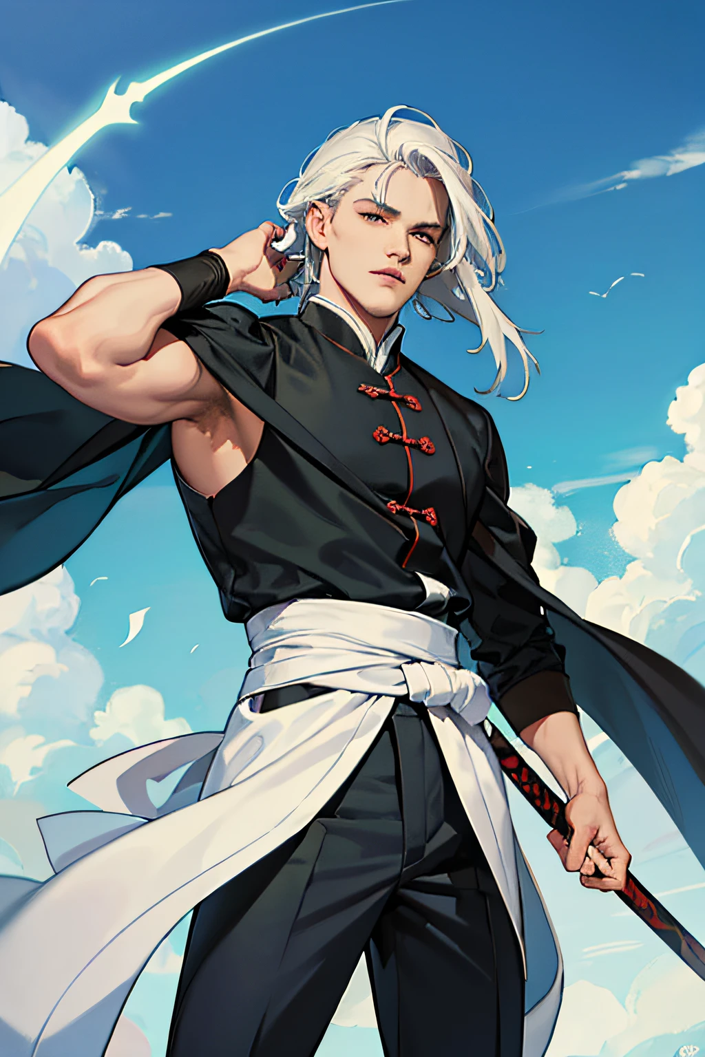 1homem,manly,cabelos negros ,longos,usando roupa antiga wuxia,bonito,audacioso,determinado,Expertly holding a sharp sword,arrogante