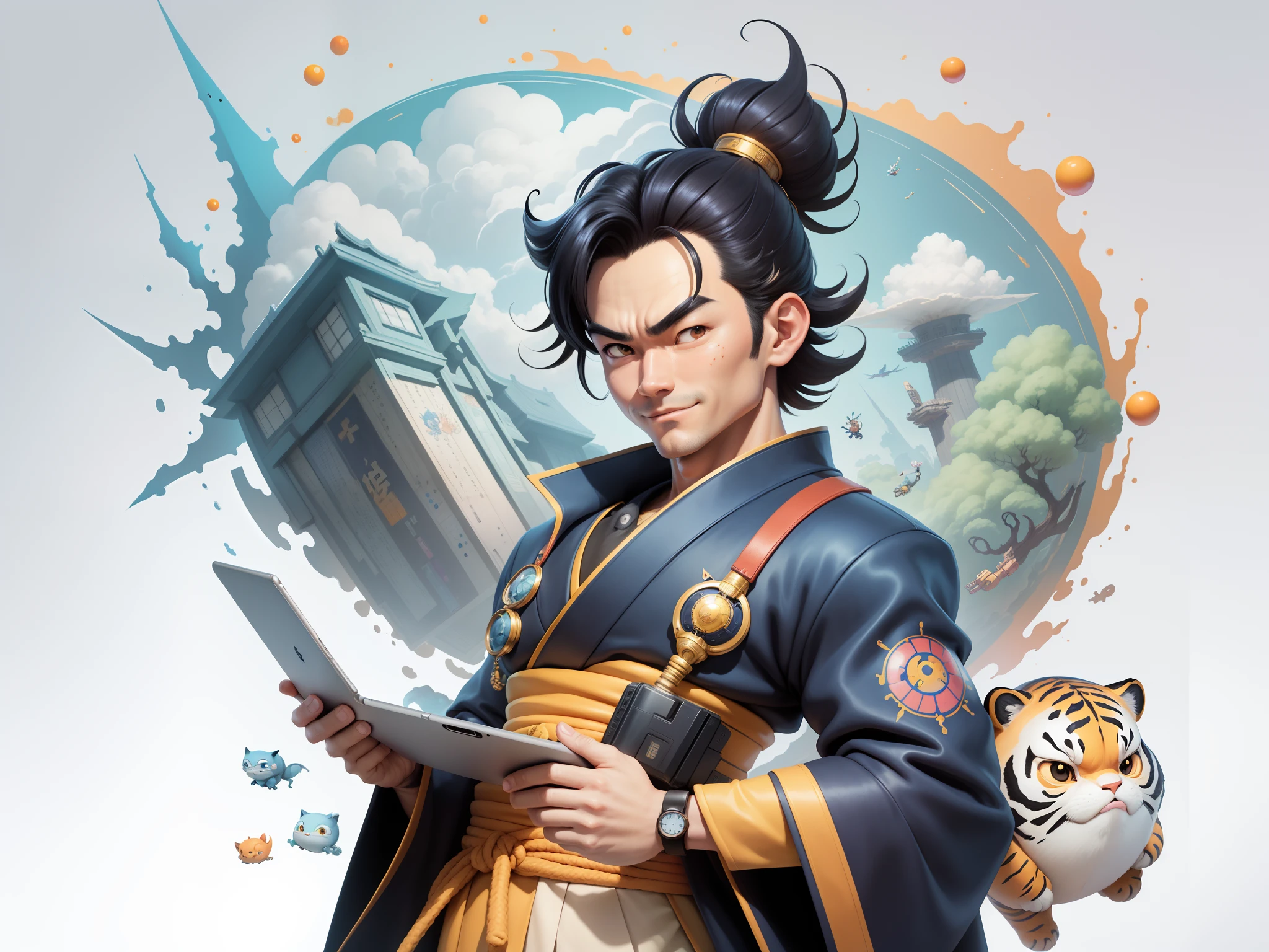 (Masterpiece), (Excellent), (Super Meticulous), (Full Body: 1.2), Super Young Man, Oriental Face, Japanese Kimono, Japanese Wind Thunder God, Dragon, Tiger, TV Anchor, Bust Portrait Illustration, Alone, Black Suit, Blue Tie, Slightly Chubby Face, Very Clean Face, No Beard, Black Super Short Hair, Black Eyes, Confident Smile, 3c Computer Sub-Products, iPad, iPhone, Digital Painting, 3D Character Design by Akira Toriyama and Mark Claireden and Pixar and Hayao Miyazaki, The illustration is a high-definition illustration in 4K resolution with very detailed facial features and cartoon-style visuals.