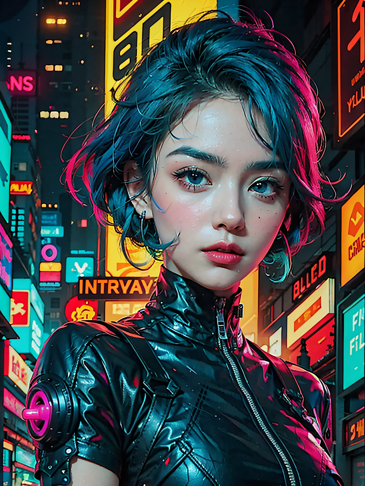 a digital painting of a woman with blue hair, cyberpunk art by Josan Gonzalez, behance contest winner, afrofuturism, synthwave, neon, glowing neon