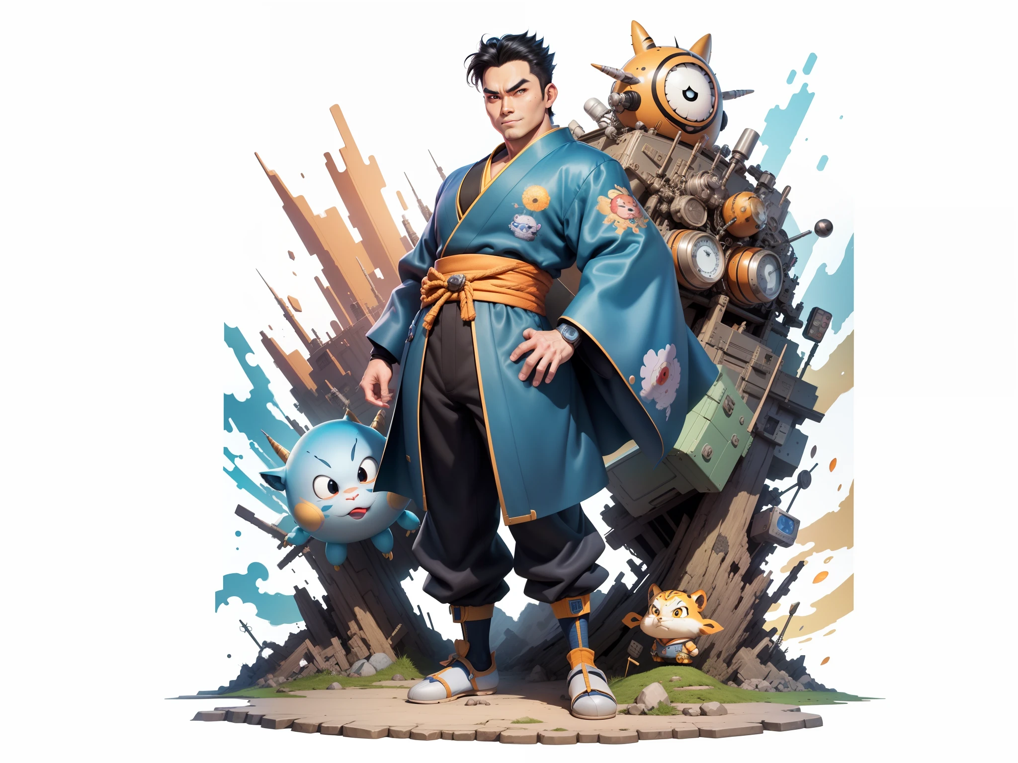 (Masterpiece), (Excellent), (Super Meticulous), (Full Body: 1.2), Super Young Man, Oriental Face, Japanese Kimono, Japanese Wind Thunder God, Dragon, Tiger, TV Anchor, Bust Portrait Illustration, Alone, Black Suit, Blue Tie, Slightly Chubby Face, Very Clean Face, No Beard, Black Super Short Hair, Black Eyes, Confident Smile, 3c Computer Sub-Products, iPad, iPhone, Digital Painting, 3D Character Design by Akira Toriyama and Mark Claireden and Pixar and Hayao Miyazaki, The illustration is a high-definition illustration in 4K resolution with very detailed facial features and cartoon-style visuals.