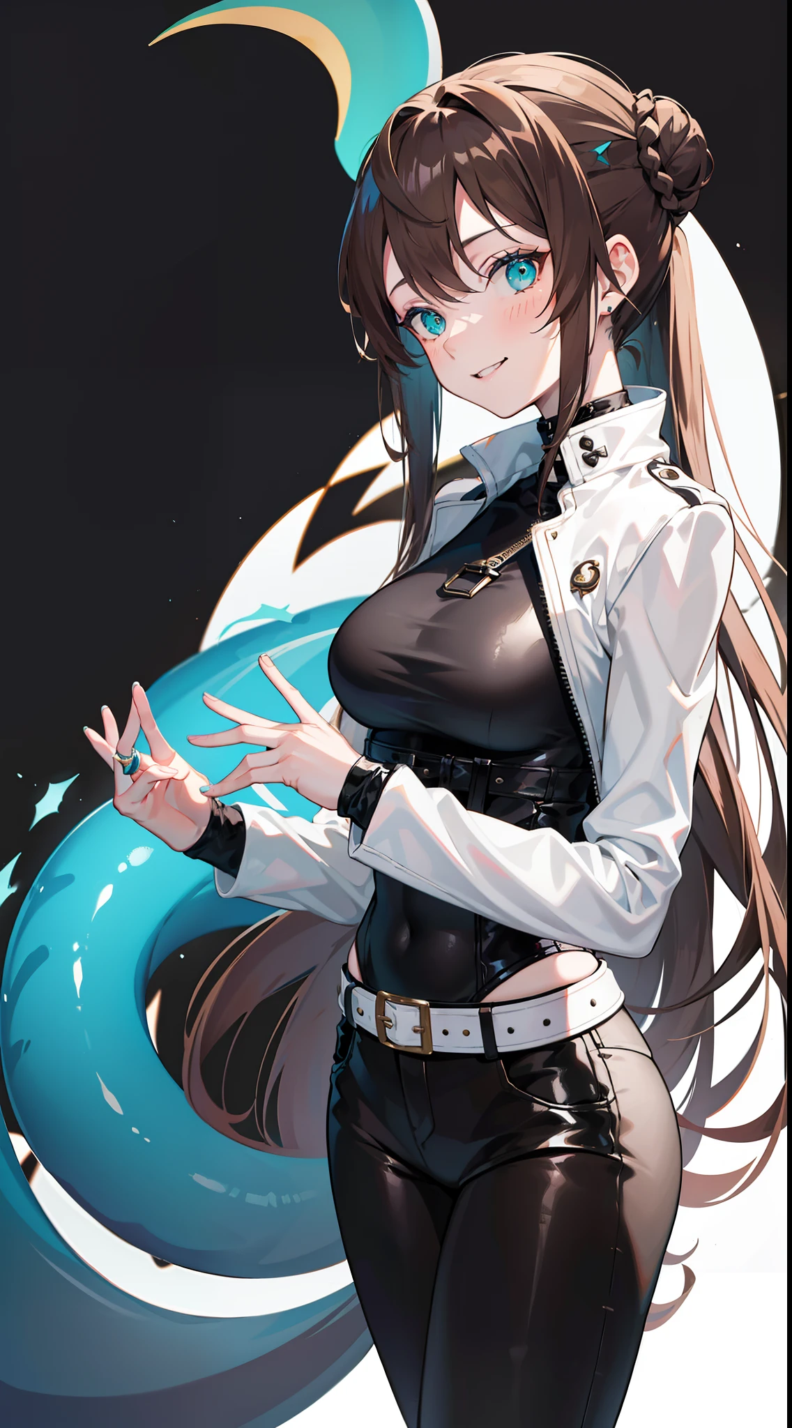 Adult woman, Long brown hair, hair in a bun, Cyan eyes, dragon horns, black tight pants, Black tight top, White leather jacket, ssmile, Masterpiece, hiquality