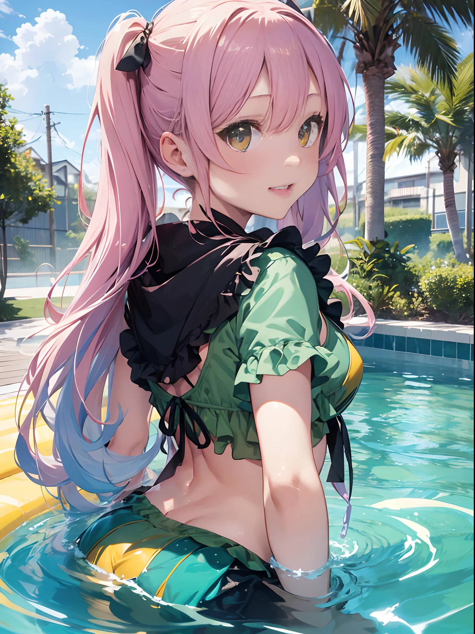 top-quality、masutepiece、8K、Pastel tones、girl with、Pink hair、(Low Long Twin Tail)、Very long hair、Resort Pool、Cute ruffled bikini in yellow and green、s ass、Turned、Dynamic Styles、Open your thin mouth、ssmile