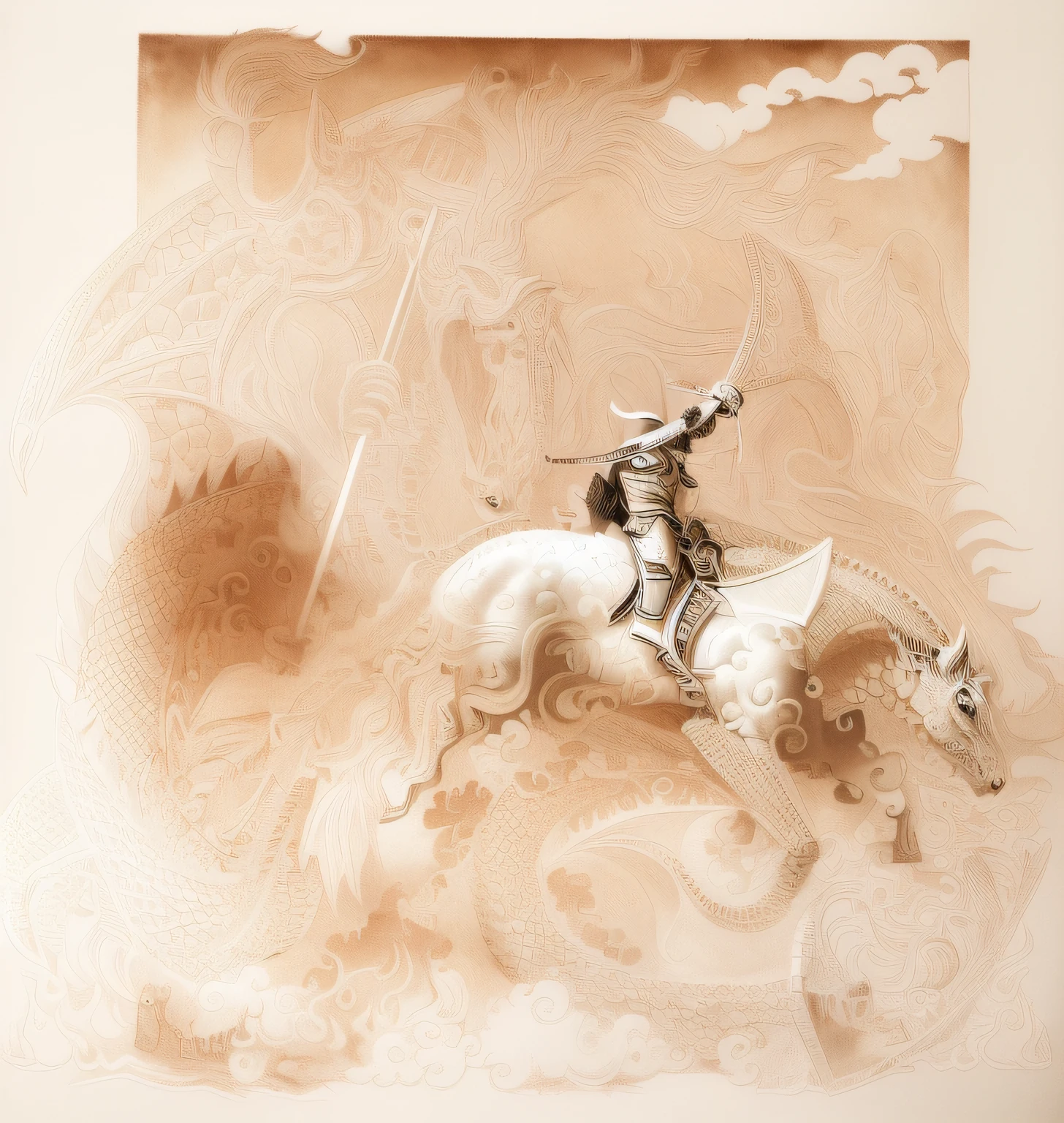 image of St. George riding his white horse and the Dragon. The Dragon should be portrayed as a majestic, feroz, e criatura aterrorizante, posicionado sob os cascos dianteiros do cavalo, exalando chamas de suas narinas. In the background, A princess lying on the grass with her arm raised, olhando apavorado para a cena. Highlight for the knight with a spear pointed at the dragon's mouth with contrasting colors. Evoke emotions of courage and danger in this scene.