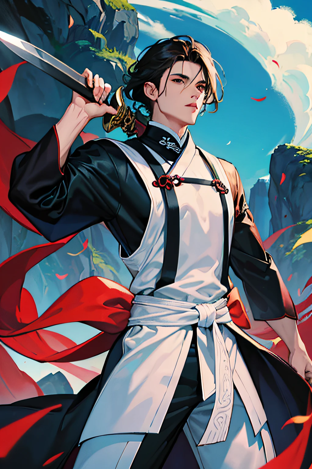 1homem,manly,cabelos negros ,longos,usando roupa antiga wuxia,bonito,audacioso,determinado,Expertly holding a sharp sword,arrogante