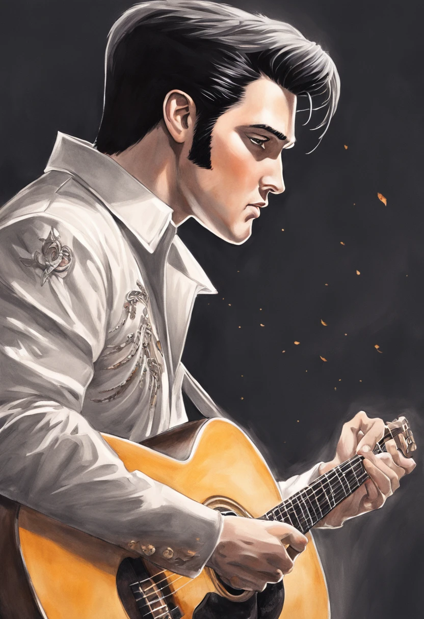 [Em uma folha de papel branco, a realistic portrait of Elvis Presley playing guitar is drawn with graphite pencils. He's in profile, Looking forward with a serious, concentrated expression. Ele usa um terno preto e uma gravata borboleta. He holds the guitar with both hands..., apoiando-o no peito. A guitarra tem detalhes em ouro e preto. The design is inspired by the style of Will Costa, a Brazilian illustrator who does hyper-realistic work with pencils.]