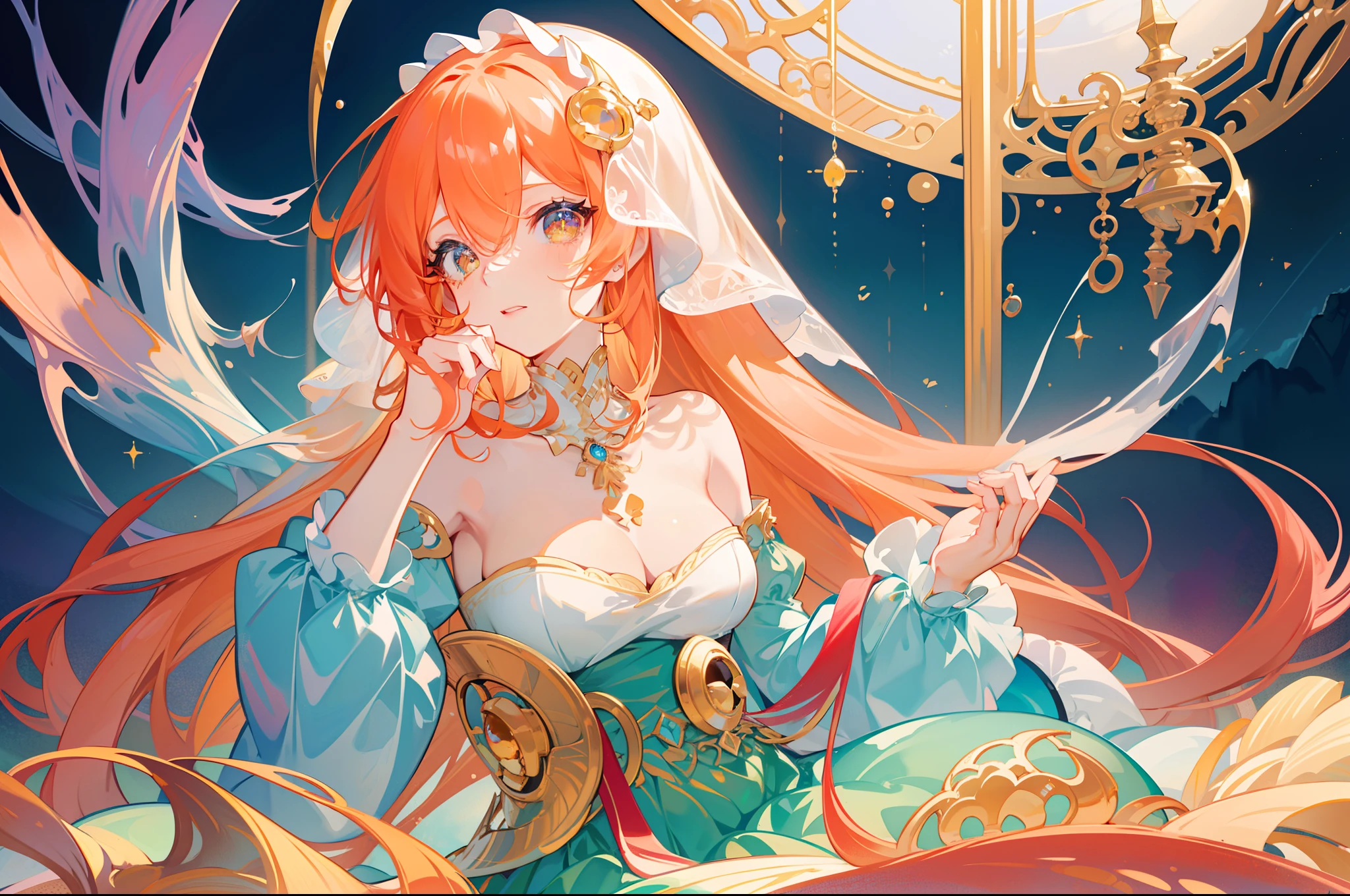masterpiece, best quality, 8k resolution, sharp focus, intricate detail, beautiful girls, 2girls, 3girls, sparkling eyes, golden ratio face, otherworldly liquid, watercolor, warm colors, bright colors, whimsical, colorful, sharp focus, high resolution, fine detail, ((layered tiered puffy long sleeves ballgown)), ((round eyes)), iridescent bubbles, fantasia background