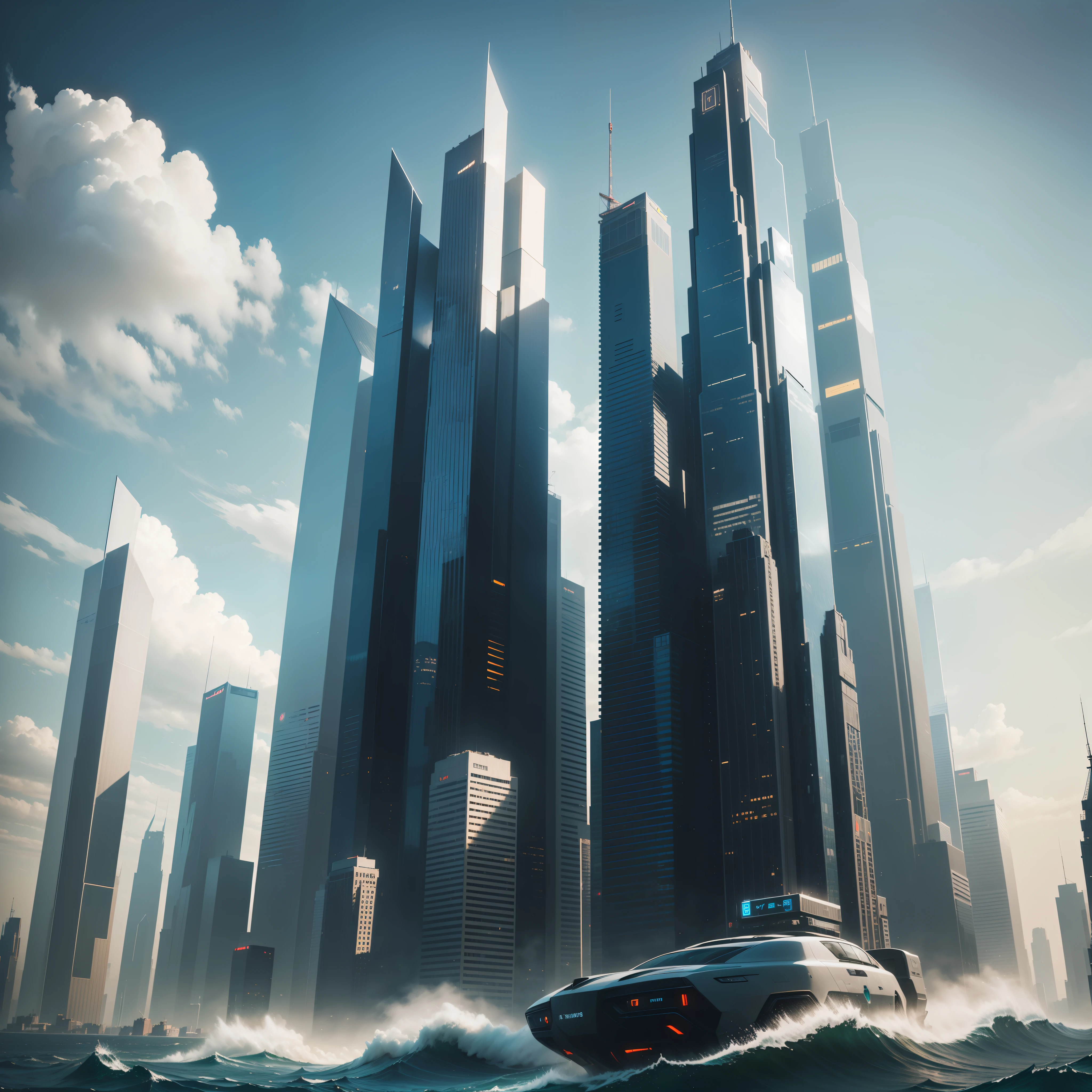 Skyscrapers on the Sea Ocean Cyberpunk Sci-Fi Futuristic World Top Quality Masterpiece