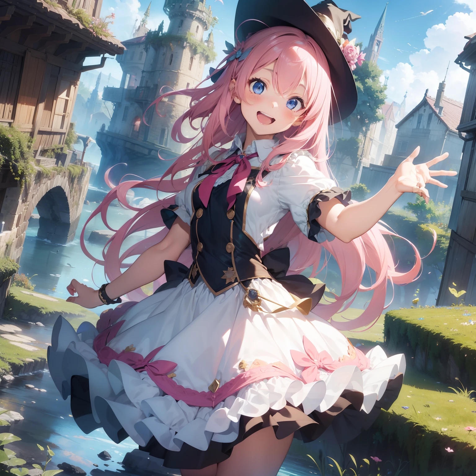 (superfine illustration:1.2),(masutepiece, 8K), (Best Quality, High quality:1.4), portlate、((Super Pastel)),Perfect Anatomy, Hyper Detailed, ultra-detailliert,masterpiece background,beautiful detailed background, V8K Wallpapers,perfect design, 1girl in, Solo, (Outstretched arms,slender, Very short sleeves,Pink hair,Wizard's Clothing, Lots of lace patterns、Outstanding smile、 frombelow, Cowboy Shot:1.2), (lightsmile, Open mouth, , Pink hair, (Super long hair,Twin-tailed), Blue eyes, Blue eyes, Light blue blouse, Short sleeves, Adventurer-style wizard costume、Pretty Witch、 long boots, Slender girl), (Fairy world in medieval European fantasy world)、order、Build a giant fireball in the air