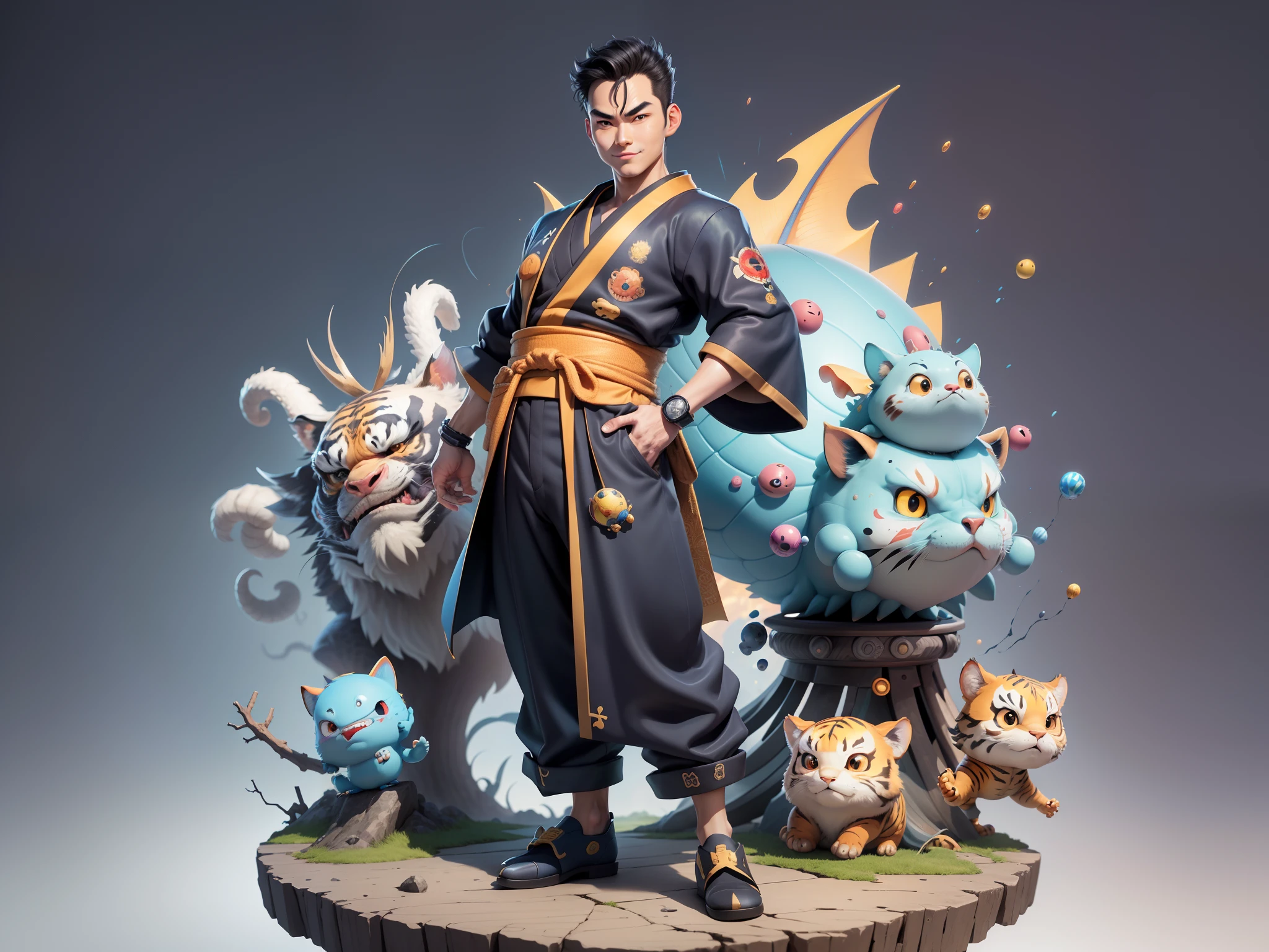 (Masterpiece), (Excellent), (Super Meticulous), (Full Body: 1.2), Super Young Man, Oriental Face, Japanese Kimono, Japanese Wind Thunder God, Dragon, Tiger, TV Anchor, Bust Portrait Illustration, Alone, Black Suit, Blue Tie, Slightly Chubby Face, Very Clean Face, No Beard, Black Super Short Hair, Black Eyes, Confident Smile, 3c Computer Sub-Products, iPad, iPhone, Digital Painting, 3D Character Design by Akira Toriyama and Mark Claireden and Pixar and Hayao Miyazaki, The illustration is a high-definition illustration in 4K resolution with very detailed facial features and cartoon-style visuals.