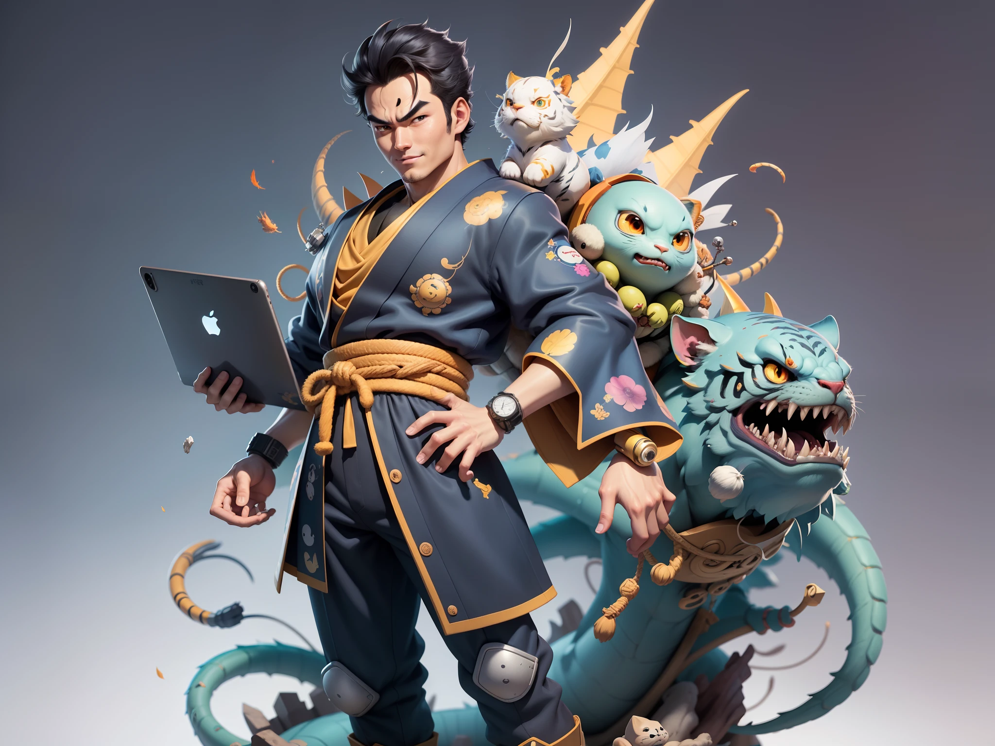 (Masterpiece), (Excellent), (Super Meticulous), (Full Body: 1.2), Super Young Man, Oriental Face, Japanese Kimono, Japanese Wind Thunder God, Dragon, Tiger, TV Anchor, Bust Portrait Illustration, Alone, Black Suit, Blue Tie, Slightly Chubby Face, Very Clean Face, No Beard, Black Super Short Hair, Black Eyes, Confident Smile, 3c Computer Sub-Products, iPad, iPhone, Digital Painting, 3D Character Design by Akira Toriyama and Mark Claireden and Pixar and Hayao Miyazaki, The illustration is a high-definition illustration in 4K resolution with very detailed facial features and cartoon-style visuals.