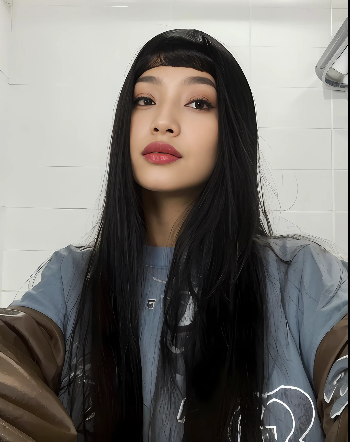 mulher arafed com cabelo preto longo e uma camisa azul, O corte Hime, cabelo comprido com franja completa, cabelos longos com franja, com franja, Franja reta longa, Ela tem cabelo preto com franja, franja reta, com franja completa, com cabelos longos, preto hime corte cabelo, cabelo arrumado com franja, cabelo preto longo com franja, Lulu Chen, Gemma Chen •
