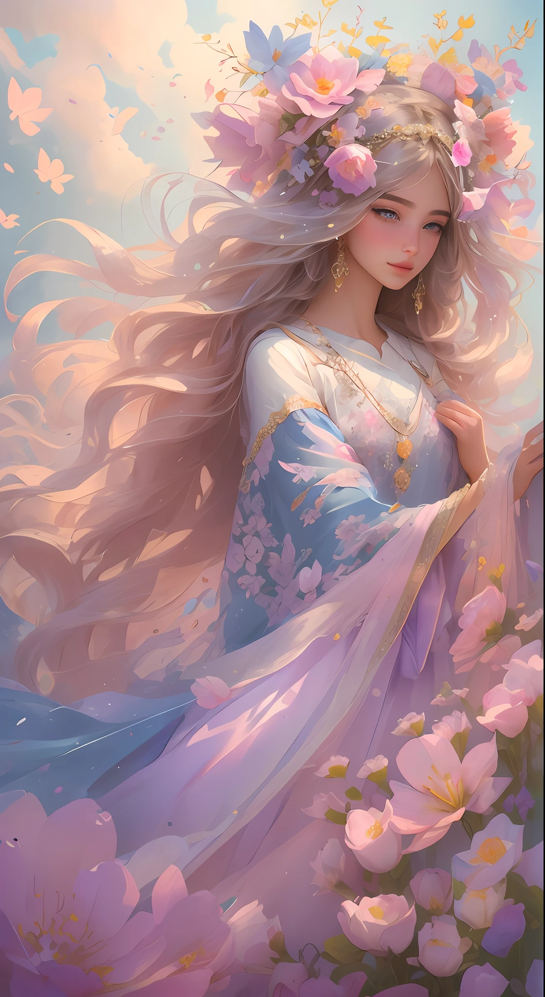 The colors in this image are soft and draw inspiration from gentle watercolors and should be primarily pink. Generate a delicate and tranquil flower princess with soft hair dancing in the wind and intricately braided. Her ((sweet face)) has puffy, kissable lips and stunning, highly realistic eyes. She has beautiful eyes, hires eyes, 8k eyes, beautiful detail eyes, beautiful detailed eyes, realistically shaded eyes, and realistic eyes in vibrant colors. She is wearing delicately detailed fabric of gossamer silk and satin. Small pink gemstones and cream pearls detail her clothing. She sits in the midst of the most beautiful meadow in the world and is surrounded by beautiful flowers of varying sizes and colors. The background is wild and unruly, with delicate flowers dancing in the wind and creating a dynamic and compelling image. An ornately flowered headdress adorns her head and soft petals fall around her. The flowers are realistic and very detailed and come in different shapes and sizes, some with iridescence and others with varying shades of pink and blue. Include a soft watercolor sky. The background is wild, with delicate flowers dancing in the wind and colorful pollen filling the air. Include realistic hair and skin texture. Include fantasy details, enhanced details, iridescence, colorful glittering wind, and pollen. Pay special attention to her face and make sure it is beautifully and realistically detailed. The image should be dreamy and ethereal. Include intricate fantasy details. 8k, intricate, elegant, highly detailed, majestic, digital photography, art by artgerm and ruan jia and greg rutkowski surreal painting pearl butterfly filigree, flower petals, (masterpiece, finely detailed beautiful eyes: 1.2), hdr, realistic skin texture, ((ornate)), ((intricate)), ((fantasy00d:1.2)), rays of light, (add details), (add more details), highly detailed, ornate flowers, dew drops, sunlight, rays of sun