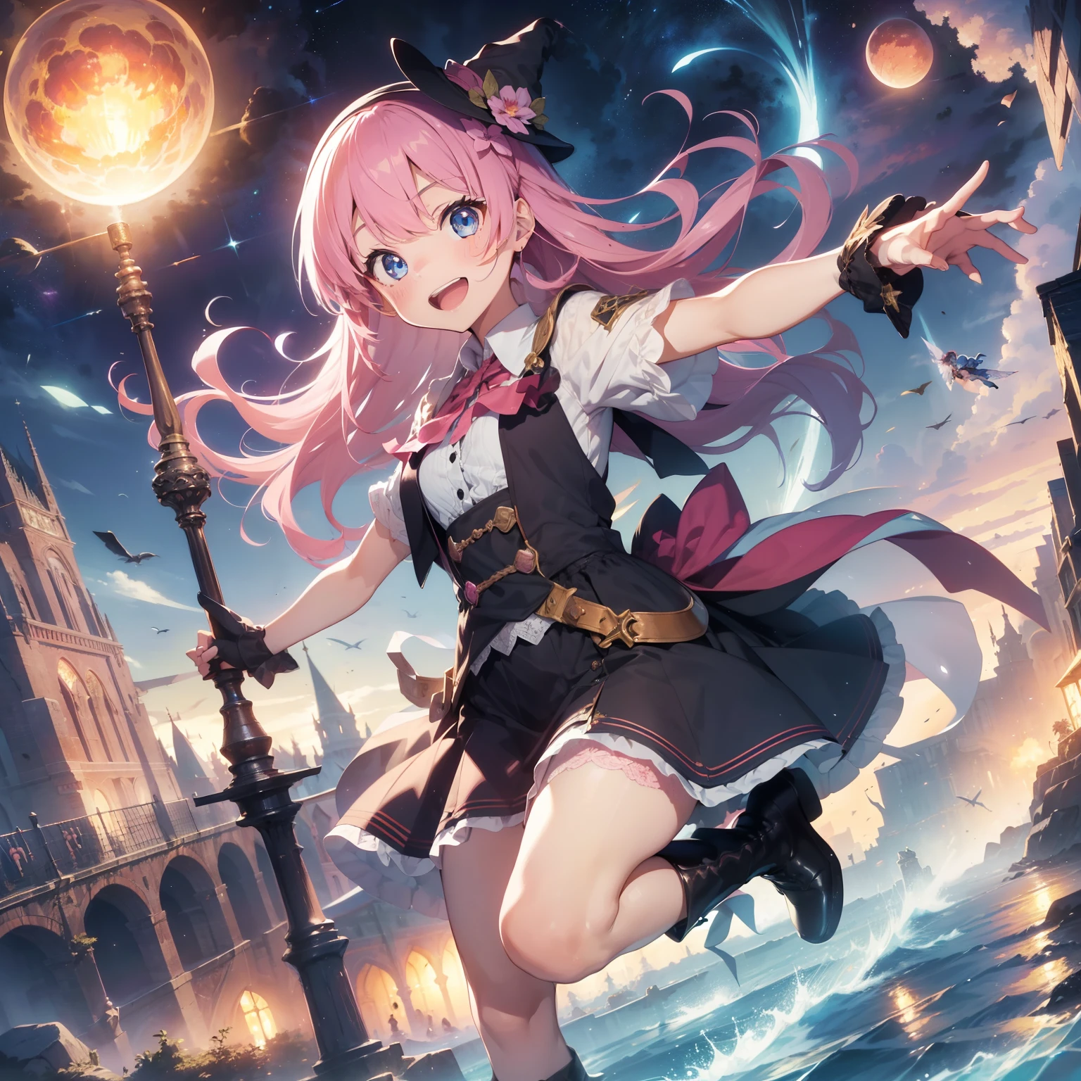 (superfine illustration:1.2),(masutepiece, 8K), (Best Quality, High quality:1.4), portlate、((Super Pastel)),Perfect Anatomy, Hyper Detailed, ultra-detailliert,masterpiece background,beautiful detailed background, V8K Wallpapers,perfect design, 1girl in, Solo, (Outstretched arms,slender, Very short sleeves,Pink hair,Wizard's Clothing, Lots of lace patterns、Outstanding smile、 frombelow, Cowboy Shot:1.2), (lightsmile, Open mouth, s old, Pink hair, (Super long hair,Twin-tailed), Blue eyes, Blue eyes, Light blue blouse, Short sleeves, Adventurer-style wizard costume、Pretty Witch、 long boots, Slender girl), (Fairy world in medieval European fantasy world)、order、Build a giant fireball in the air