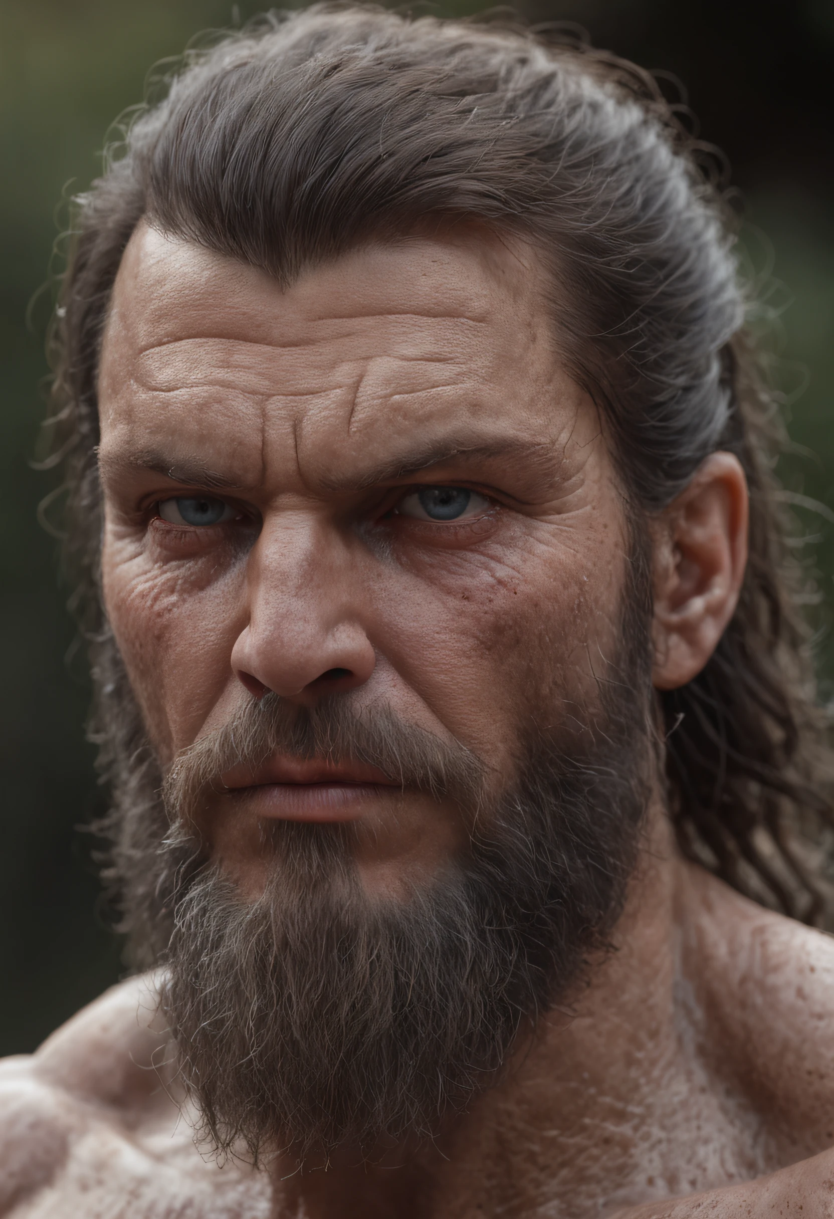 of a real，Facial features are carefully depicted，Realistic skin texture，Thick body barbarian bearded uncle，（male people：1.4），He had a scar on his face，bellow，closeup cleavage，head portrait，Pout，Blue eyes，Short-cut hair of maroon color，depth of fields，dynamic blur，high light，Real light，Ray traching，oc rendered，Hyper-realistic，best qualtiy，8K，Works of masters，super-fine，Detailed pubic hair，Correct anatomy，sharp focus on eyes，Bokeh，Facial features are carefully depicted