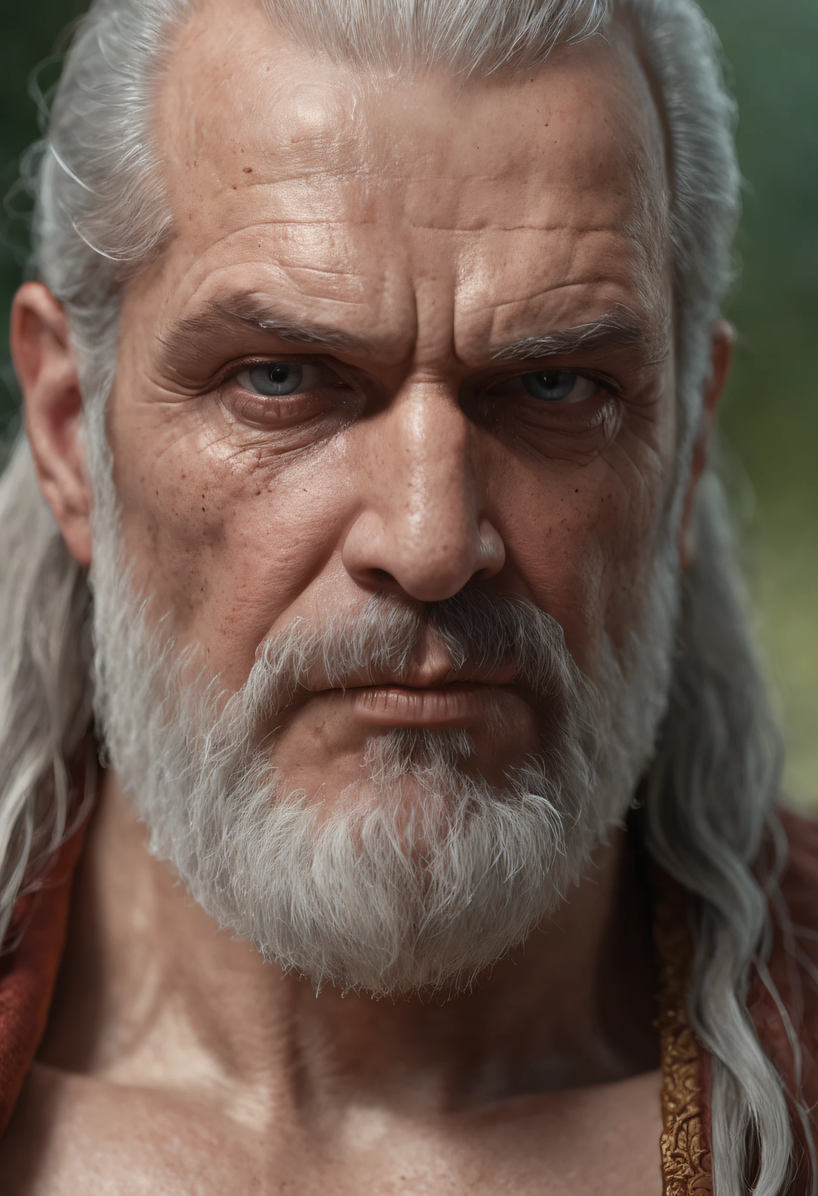 of a real，Facial features are carefully depicted，Realistic skin texture，Thick body barbarian bearded uncle，（male people：1.4），He had a scar on his face，bellow，closeup cleavage，head portrait，Pout，Blue eyes，Short-cut hair of maroon color，depth of fields，dynamic blur，high light，Real light，Ray traching，oc rendered，Hyper-realistic，best qualtiy，8K，Works of masters，super-fine，Detailed pubic hair，Correct anatomy，sharp focus on eyes，Bokeh，Facial features are carefully depicted