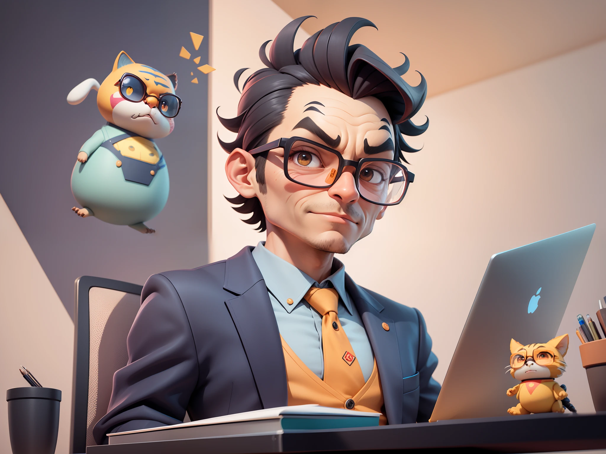 A young man in a suit, Short hair and glasses sat at his desk,holding laptop,digitial painting,tigre,3D character design by Mark Clairen and Pixar and Hayao Miyazaki and Akira Toriyama,4K HD illustration,Very detailed facial features and cartoon-style visuals。