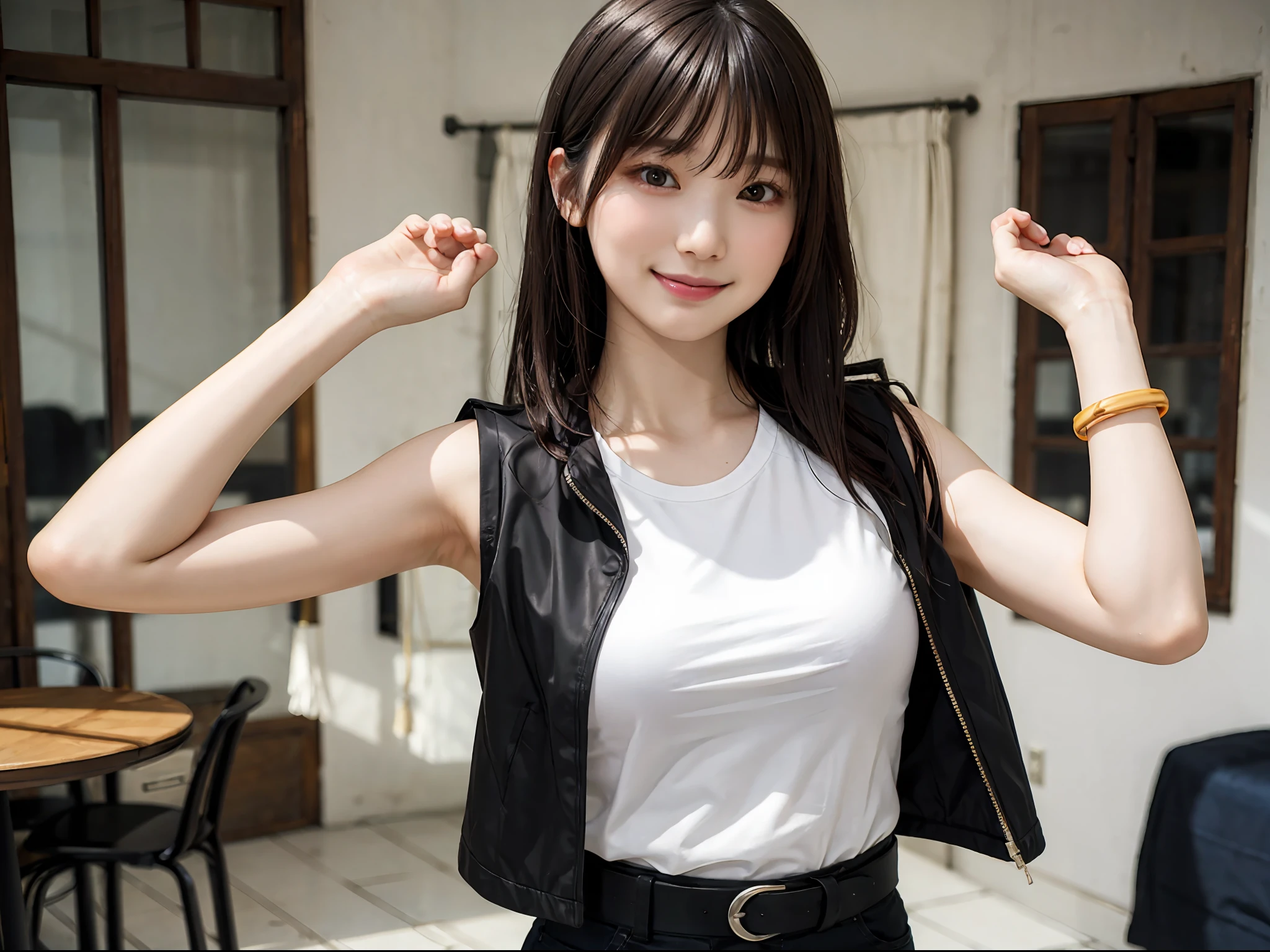 Woman with dark hair、shorth hair、Smaller chest、Light orange short sleeve T-shirt、Wear a black sleeveless jacket over a t-shirt、Wearing black jeans、Wearing a black belt、A bracelet、Posing with a smile at home(top-quality、Master masterpiece)))、HD fine、ighly detailed、Master masterpiece、
