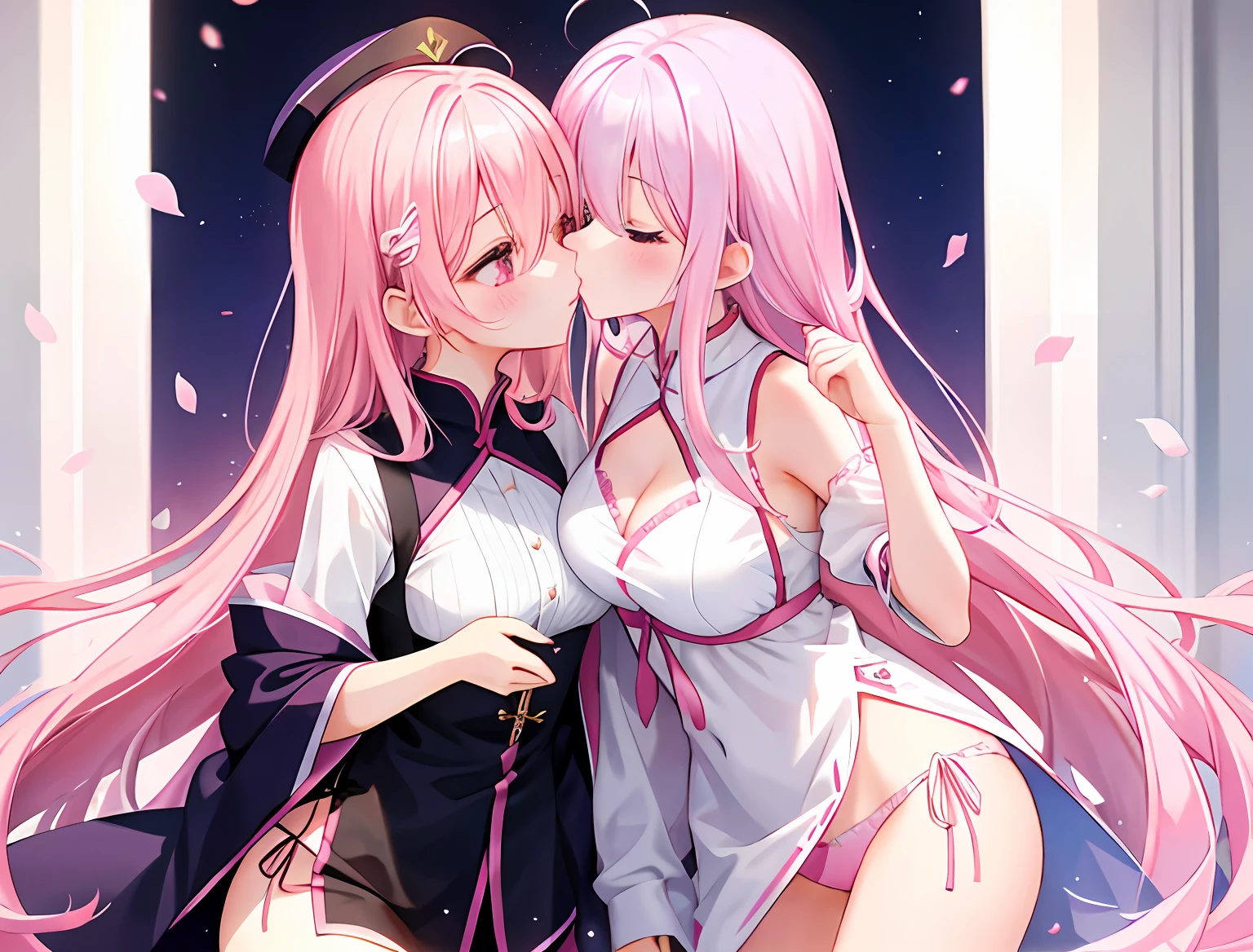 2girls,A pink-haired,long whitr hair,mediuml breasts,比基尼,Breast collision,Light panties,Kiss