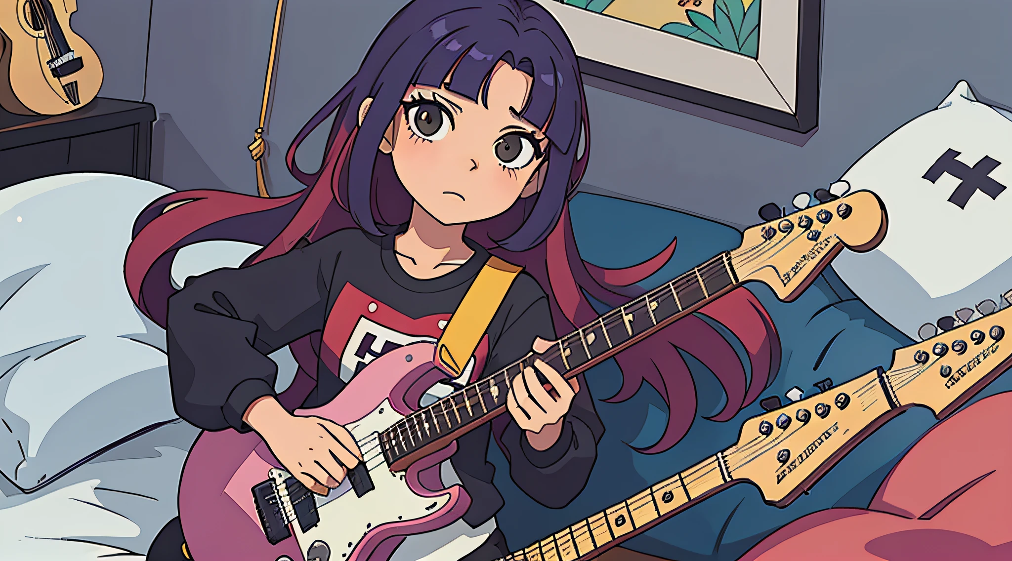 obra prima, menina bonita anime, cabelos vermelhos, roupa de rock, estilo rock, dentro do quarto, deitada na cama, cara triste, guitarra do lado, um gato ao lado