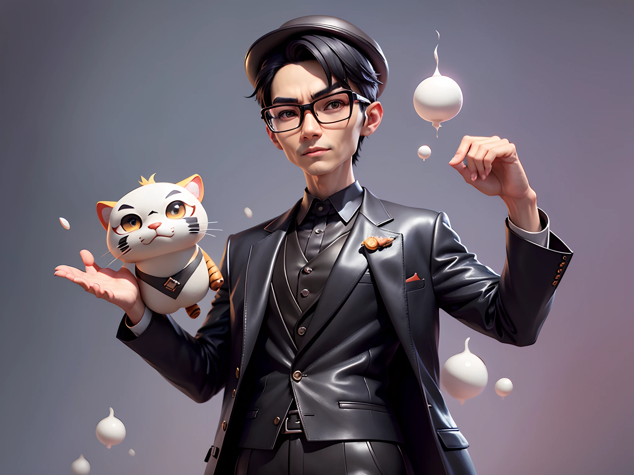 Young man with oriental face in leather hat, tiger, oriental face in formal suit, short black hair, silver glasses, digital painting, 3D character design by Mark Clairedon and Pixar and Hayao Miyazaki and Akira Toriyama, the illustration is a high-definition illustration in 4K resolution with very detailed facial features and cartoon-style visuals.