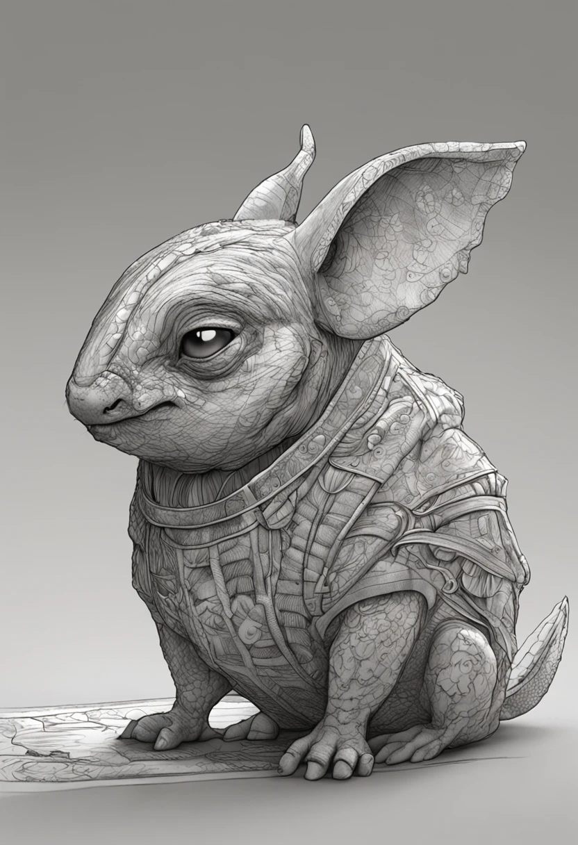 Um coelhinho de cartola senta-se em uma cadeira, no estilo de criaturas de pesadelo, retratos fotograficamente detalhados, Fab sketch, texturas intrincadas, art of dragon, Figurinos detalhados, detailed facial features