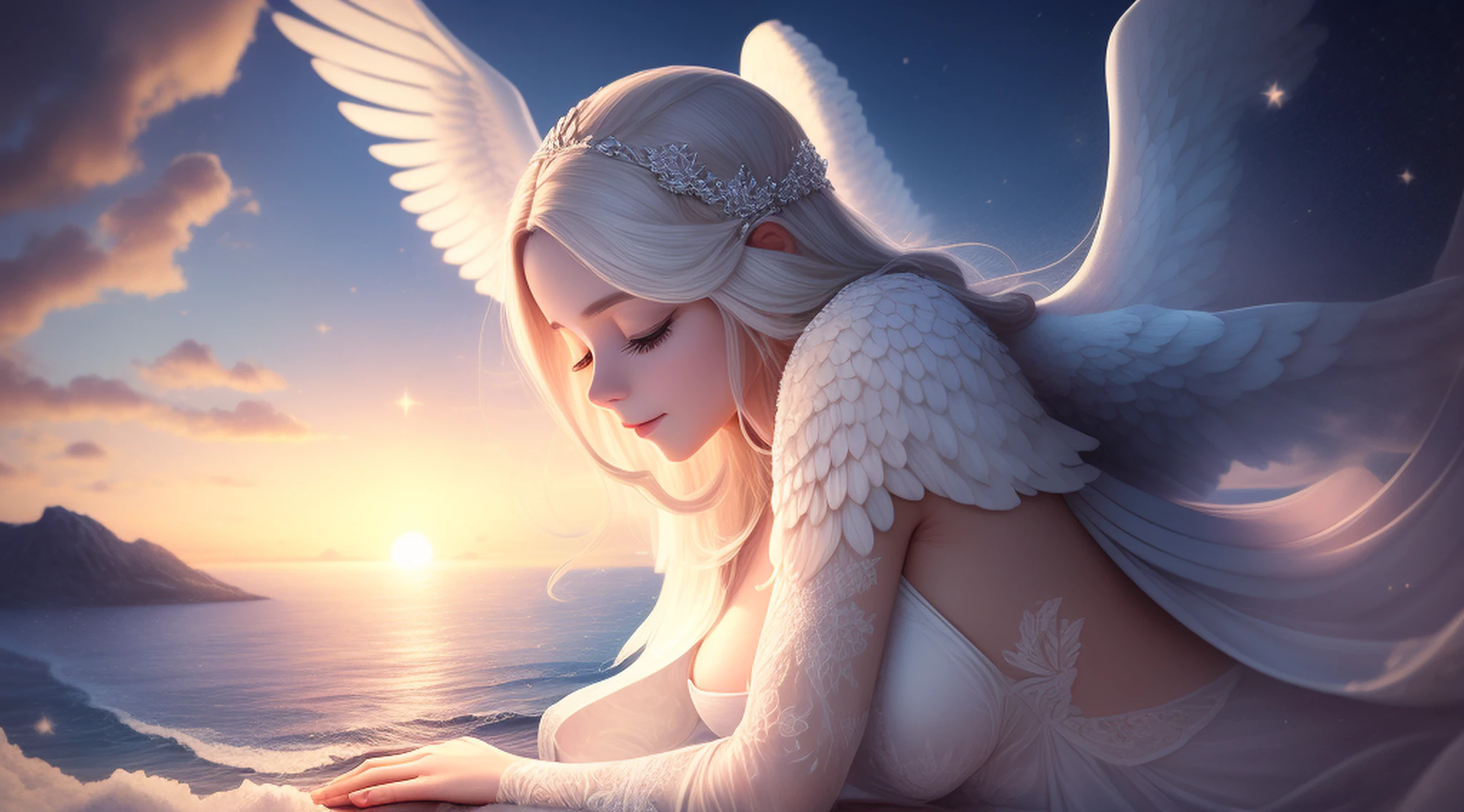 The angel must have a serene and majestic appearance, with bright white wings extending backwards. Your features should convey a calm and angelic expression, with soft eyes and a soft smile on his lips. The angel will be sitting or floating on a soft, nuvem fofa, rodeado por um leve brilho celestial. Your hands should be skillfully positioned, dedilhando as cordas da harpa com graciosidade. A harpa deve ser representada com detalhes elegantes, com cordas douradas brilhantes e um formato delicado. The soft light will envelop the angel, destacando suas asas e criando uma atmosfera celestial. The scenery may include additional clouds and gentle sun rays that cross the sky, Creating a Celestial and Magical Environment. Por favor, Try to capture the sense of serenity, Beauty and harmony in this illustration. Feel free to add your own artistic style and creativity to the drawing. Aguardo ansiosamente para ver o resultado final dessa maravilhosa imagem de um anjo tocando harpa."