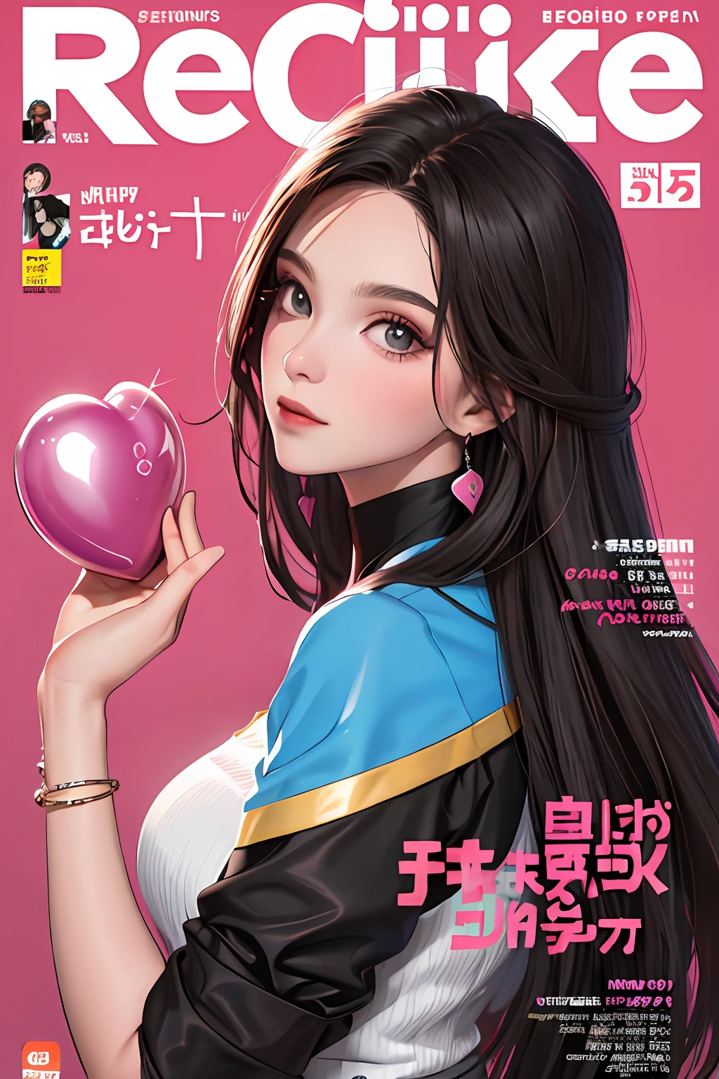 capa de revista, magazine cover, obra-prima, melhor qualidade, roupa esportiva academia rosa cabelo preto longo, ao ar livre, capa de revista, rosto olhando para o espectador, cores suave, rosa, rosa e amarelo, Globos, heartbreaker, bolhas, escrito fashion