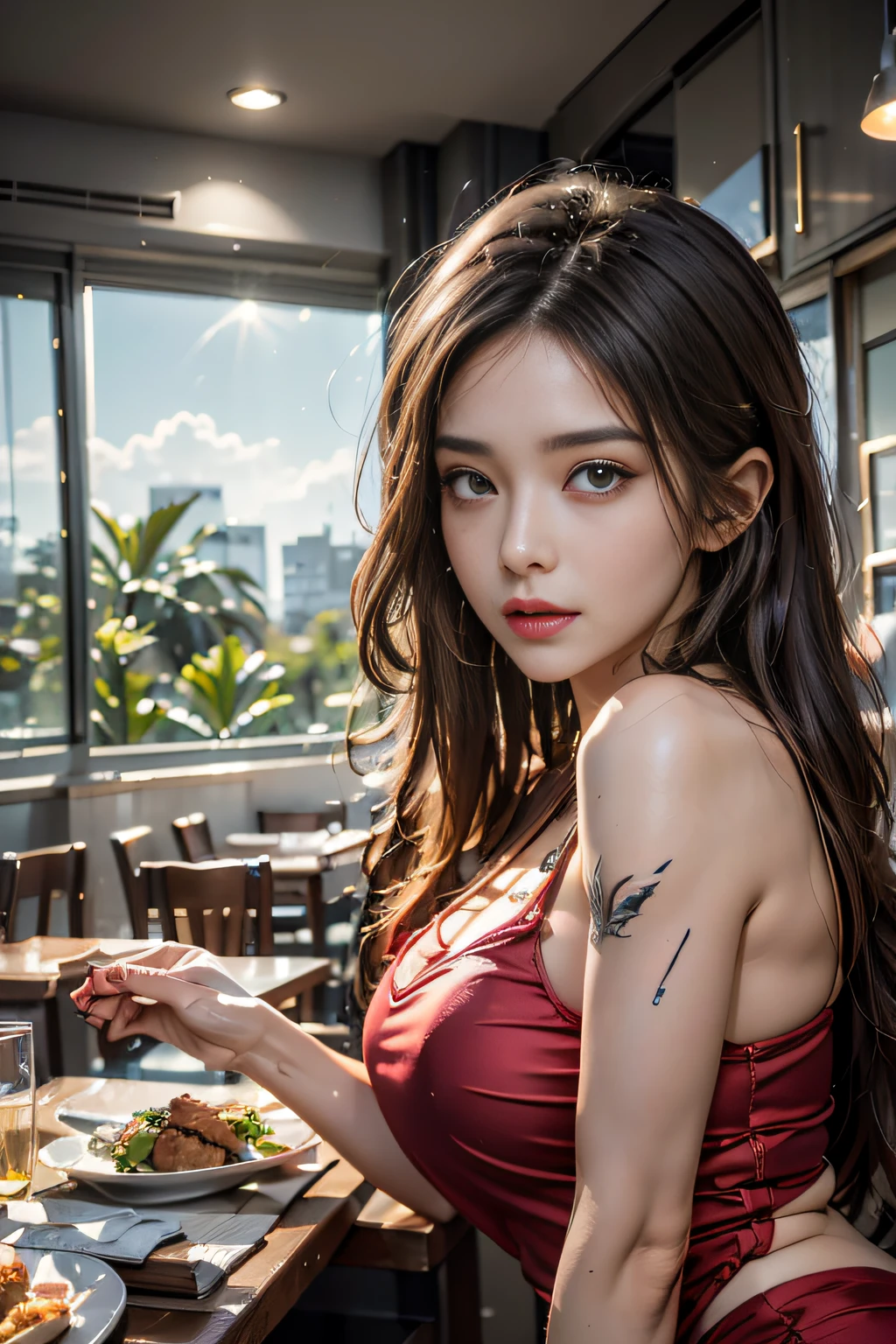 (8K, RAW photo, Best quality, Masterpiece:1.2), Ultra-detailed, Perfect detail , view the viewer, make up, Seductive, shamefaced, (Young:1.2),((20yr old)), Beautiful face, Beautiful eyes, (((Perfect female body, Narrow waist))), Red hair, Asian look, Hourglass figure, Green eyes, Beautiful appearance, Red silk dress, Puffy lips, Black heels, In the restaurant, Wavy hair, Light makeup, Sublip moles, Dragon tattoo on the shoulder