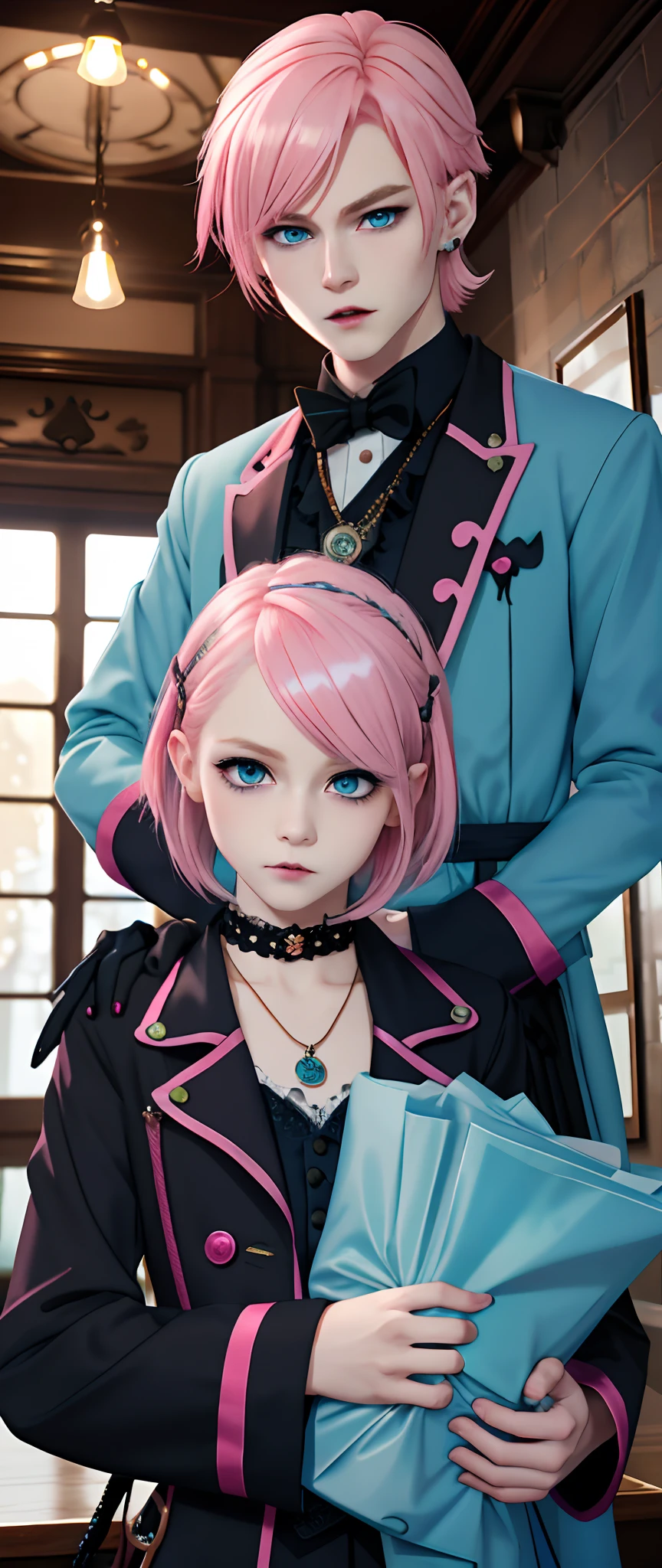 masterpiece, top-quality, 2Others, ((Paternity)), 1 man and 1,, Adults, Height difference, different color, finely eye and detailed face, intricate detailes, Wizarding World Costumes, Inside the coffee shop, During the walk, ((Little boy and woman side by side)), A smile, Happiness, tenderness, youthfulness, high-level image quality、 Beautiful men and women、tall、window、𝓡𝓸𝓶𝓪𝓷𝓽𝓲𝓬、British men, Idol Photos, k pop, Professional Photos, ((Vampire Man and Witch)), Fedoman with necklace, inspired by Sim Sa-jeong, androgynous vampire, :9 detailed face: 8, extra detailed face, detailed punk hair, ((Light blue eyes)) baggy eyes, Seductive. Highly detailed, semi realistic anime, Vampires, hyperrealistic teen, delicate androgynous prince, imvu, short hair above the ears, Man with short hair, Woman with long hair, With a man with a glaring expression, Woman with a gentle expression, ((Little Englishboy with short pink hair and light blue eyes)), ((Woman with pretty long pink hair and light blue eyes)), ((Pink haired boy short))