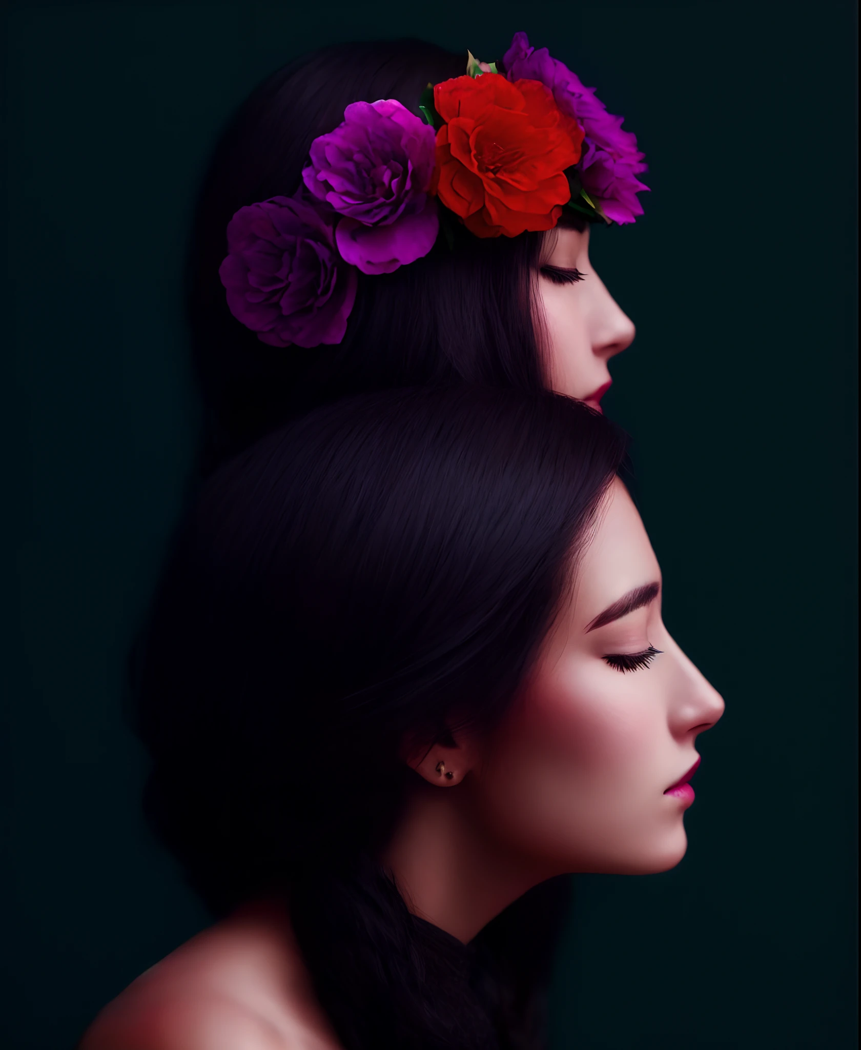 Woman in profile closed eyes and flowers on head and colorful