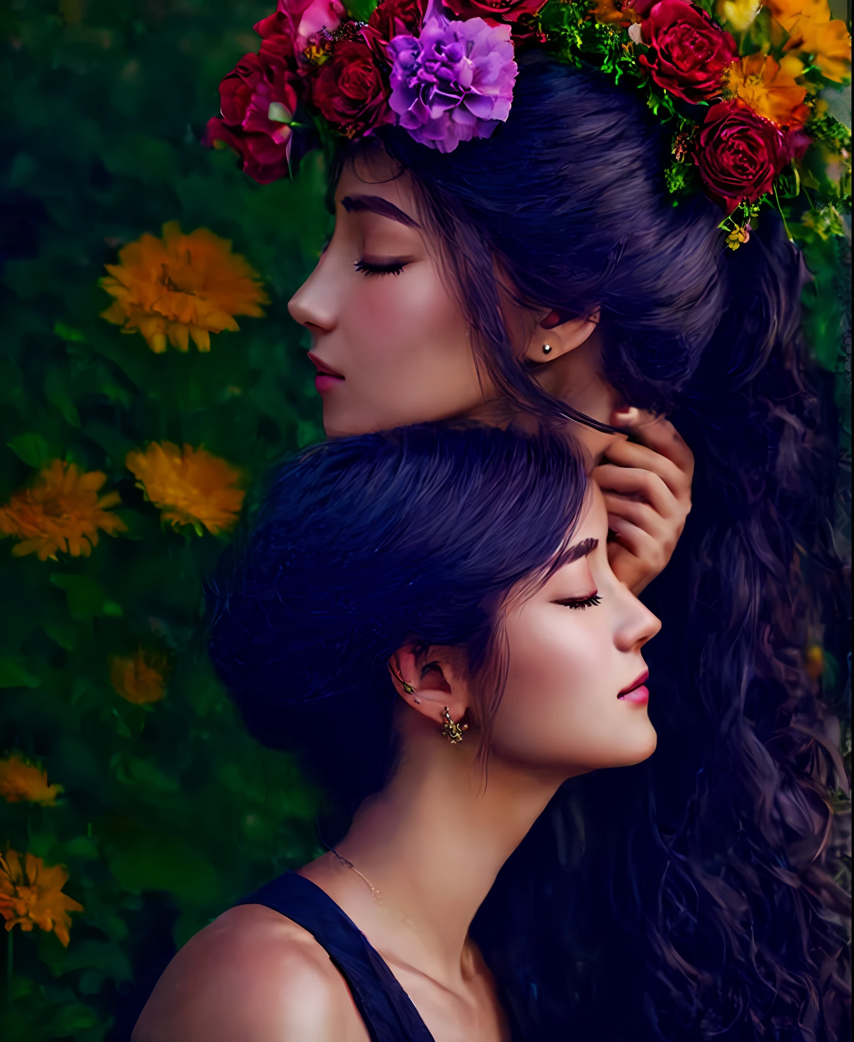 Woman in profile closed eyes and flowers on head and colorful