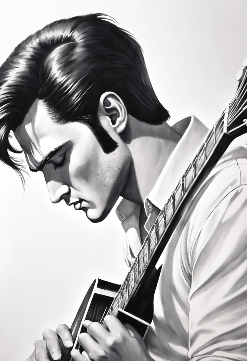 [Em uma folha de papel branco, a realistic portrait of Elvis Presley playing guitar is drawn with graphite pencils. He's in profile, Looking forward with a serious, concentrated expression. Ele usa um terno preto e uma gravata borboleta. He holds the guitar with both hands...., apoiando-o no peito. A guitarra tem detalhes em ouro e preto. The design is inspired by the style of Will Costa, a Brazilian illustrator who does hyper-realistic work with pencils.]