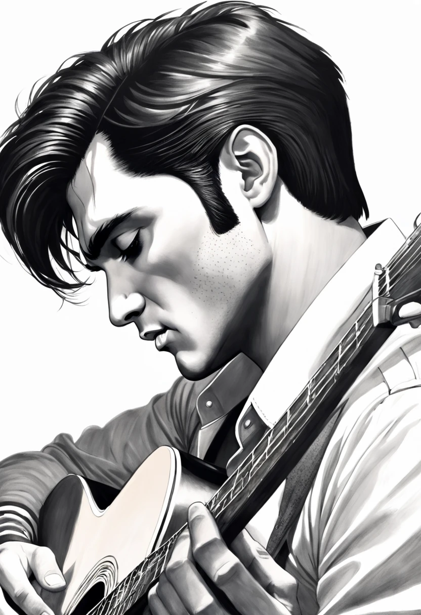 [Em uma folha de papel branco, a realistic portrait of Elvis Presley playing guitar is drawn with graphite pencils. He's in profile, Looking forward with a serious, concentrated expression. Ele usa um terno preto e uma gravata borboleta. He holds the guitar with both hands...., apoiando-o no peito. A guitarra tem detalhes em ouro e preto. The design is inspired by the style of Will Costa, a Brazilian illustrator who does hyper-realistic work with pencils.]