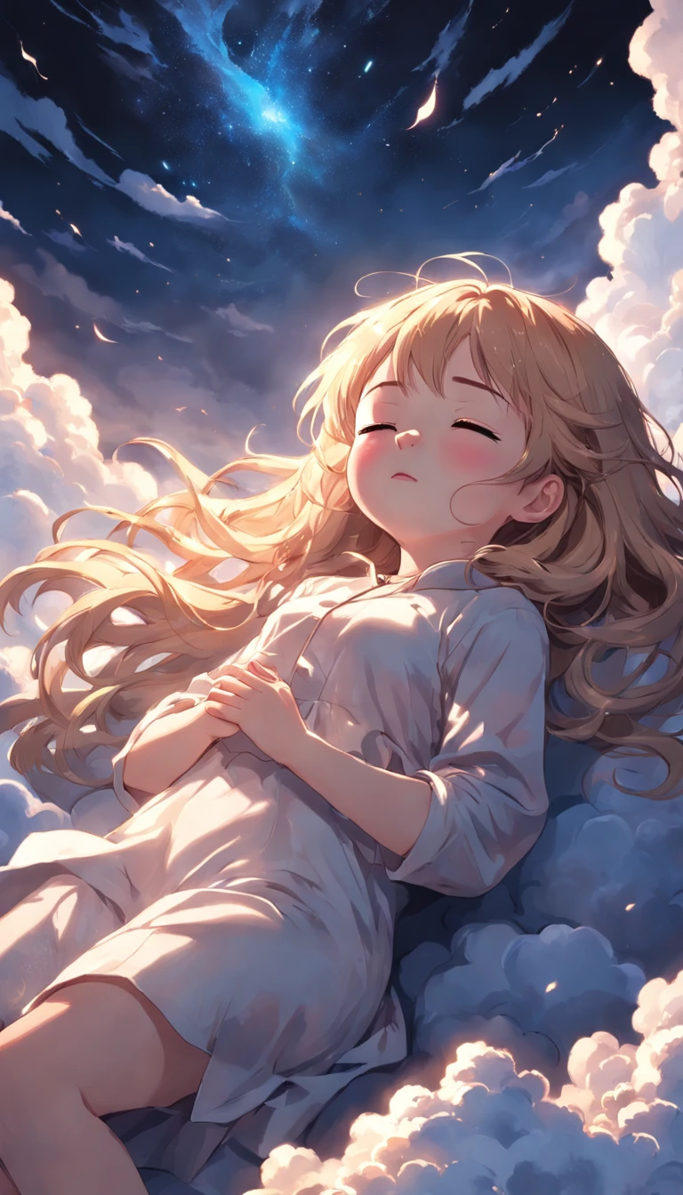 masterpiece, Highest Quality, MovieSteel, 1female, Cloud Lady, Floating in the sky, close-up, brightness, happiness, Warm and soft lighting, sunset, Sleeping, Sleep on your stomach, sleep, eyes closed, fatigue. (sparks:0.7)