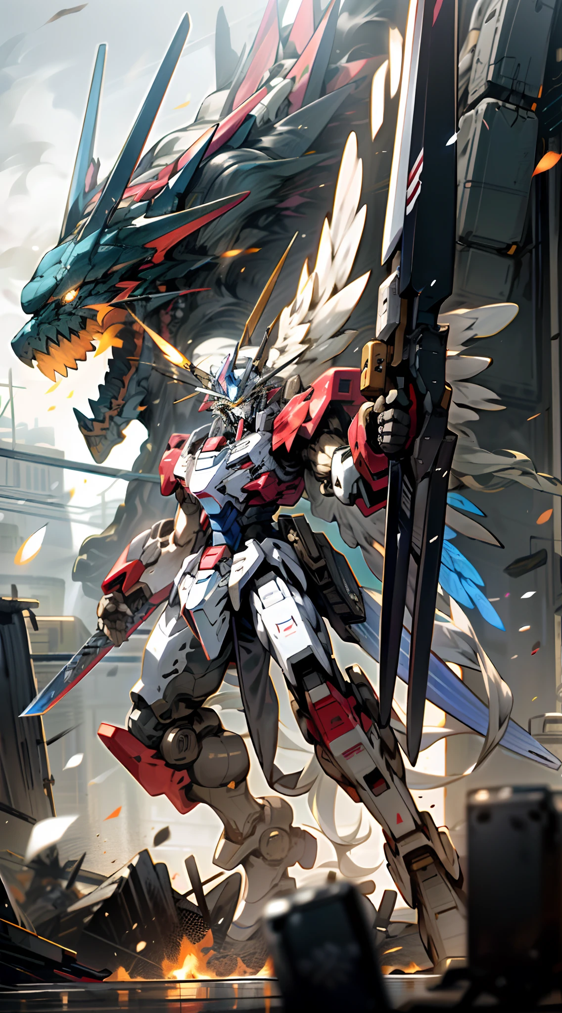 surrealism, Ray tracing, hyper HD, High details, 8K, Best quality, Textured skin,In the dark,Gundam Mech,Mecha lights,brilliant colorful,Dragon wings,tmasterpiece,best qualtiy,mechs,A ager levitates in the air,(full bodyesbian),(Black Mech:1.5),(轴对称:1.4),(hdr),(cinematric light:1.1),White eyes,Cool,scientific fiction,firey,Don Dao,karo,conflict,Background of the destroyed city with a Tang knife,(Armed with a huge weapon:1.5),holding an oversized shield,Mecha male,