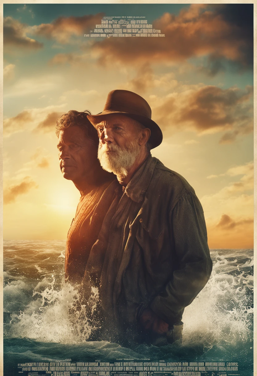 obra-prima, melhor qualidade, realista, poster de filme, Apostle Peter fisherman, idoso, barba branca, behind an island, oceano, close-up, brilhante, feliz, warm soft lighting, sun sunset, (water: 0.7) --auto --s2