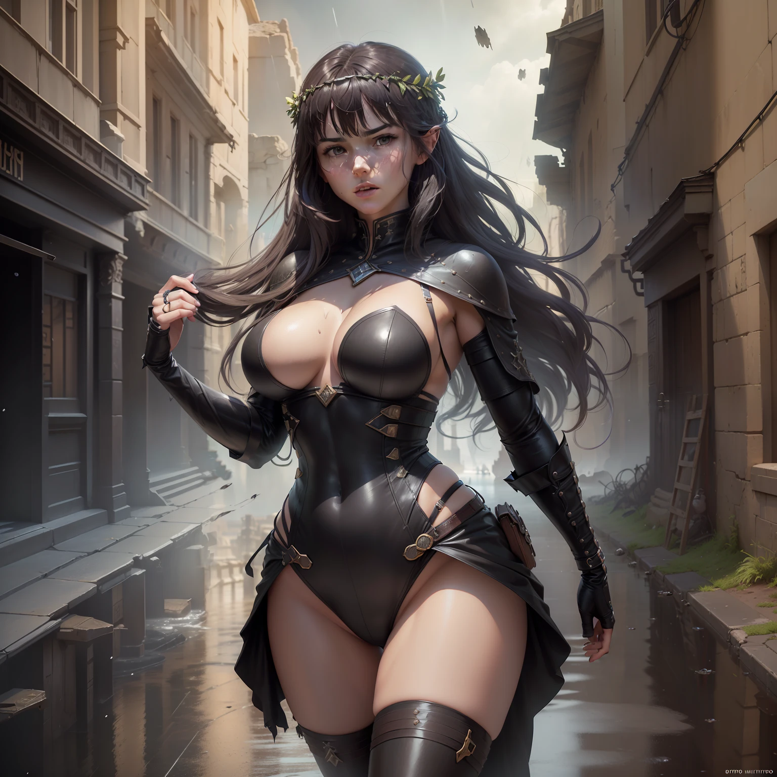 (professional 3d render:1.3) af (Realistic:1.3) The most beautiful artistic photo in the world,Soft function, Bright heroine, ((Epic hero fantasizes slender muscles with supple long hair and intense expressions in dynamic poses, Fantastic location, Majestic and cluttered environment)), Full body 8K unit rendering, action shot, skin pore, Very bright lighting, heavy shading, A detailed, Detal Face, (vibration, Realistic photography, Realistic, Dramatic, darkly, foco nítido, 8K), (Old leather clothing damaged due to bad weather:1.4), ((((Use skins)))), (复杂:1.4), decadent, (highly detailed:1.4), digitial painting, rendering by octane, art stations, concept-art, Liso, foco nítido, illustration, From the germ of art, (loish:0.23), wlop ilya kuvshinov, e Greg Rutkowski e Alphonse Mucha Gracias, (global ilumination, studiolight, Light volume), very heavy rain, Floating particles, lotr, fanciful, biz, Inteiroesbian body, ((Dark and ancient city background:1.3)),CGSesocieda,art stations