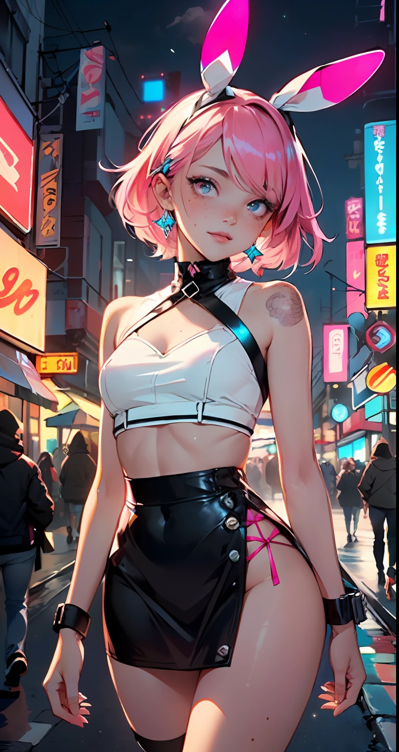 cute little bunny loli,(((little loli,small tiny body,petite))),(((6 ))),((anime little bunny loli with extremely cute and beautiful fuchsia hair walking down the street)),(((bunny girl,anthro furry cute,bunny-girl))),(((bunny ears,bunny ears on head,big bunny ears))),
(((flat chest))),(((fuchsia hair:1.35,short fuchsia hair,colored inner hair,ear breathing,))),((heterochromia,eye1 fuchsia,eye2 pink,perfect eyes,upturned eyes:1.3,beautiful detailed eyes,finely detailed beautiful eyes:1,big highlight on eyes:1.2,slanted eyes)),(((freckles on the face,freckles,freckled girl))),(((lustrous skin:1.5,bright skin: 1.5,skin tanned,shiny skin,very shiny skin,shiny body,plastic glitter skin,exaggerated shiny skin))),(delicate detailed fingers,detailed body,detailed arms,human hands,(detailed face)),
cute,slutty,,erotic,(((nsfw))),
zettai ryouiki,revealing clothing,show skin,((rave shirt,neon colored shirt,rave mini-skirt,visible thong straps)),(wearing a rave outfit:1.3,rave clothes,semi-naked,with little clothing,),(detailed outfit,detailed clothes),
(dynamic pose:1.0),solo focus,embarrassed,centered,scale to fit dimensions,Rule of thirds,
outdoors,((night view)),(very pretty city neon synthwave,cyberpunk night street Background:1.5,dark sky,thick clouds),future vehicles,((neon lights)),thick clouds,(cyberpunk style,neon lights, (synthwave theme background), lonely street),(((detailed background:1.25))),
(best quality),(high resolution),(sharp focus),(ultra detailed),(extremely detailed),(extremely high quality artwork),8k_wallpaper,(extremely detailed CG 8k),(very fine 8K CG),((hyper super ultra detailed perfect piece)),flawless,(((masterpiece))),illustration,vibrant colors,(intricate),High contrast,Selective lighting,Double exposure,HDR (High Dynamic Range),Post-processing,Background blur,