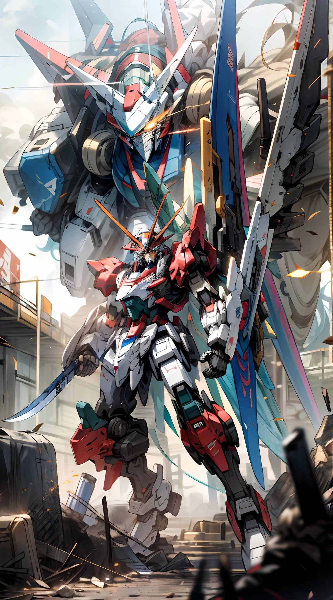 surrealism, Ray tracing, hyper HD, High details, 8K, Best quality, Textured skin，In the dark，Gundam Mech，Mecha lights，brilliant colorful，Dragon wings，tmasterpiece，best qualtiy，mechs，A teenager levitates in the air，（full bodyesbian），（Black Mech：1.5），（轴对称：1.4），（hdr），（cinematric light：1.1），White eyes，Cool,scientific fiction，firey，Don Dao，karo，conflict，Background of the destroyed city with a Tang knife，（Armed with a huge weapon：1.5），holding an oversized shield，Mecha male，