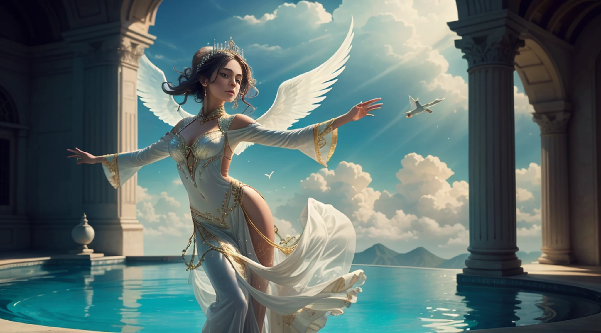 A color photo of a dance performance, beautiful angel face,realitic,set against a backdrop of a heavenly palace in the clouds, next to the Jade Pool. The dancer is wearing an elegant and flowing costume, with long trailing sleeves that resemble feathered wings. The dancer's movements are graceful and fluid, as if she is flying in the sky. The atmosphere is divine and serene. The photo utilizes specific camera settings, including a particular camera model, film type, and lens techniques. A collaboration of creative professionals from various fields will work together to uniquely capture the beauty and magic of the dance
