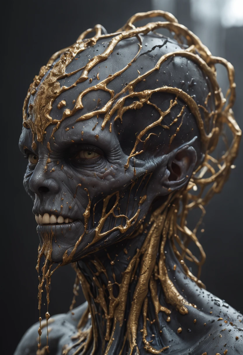 Ultra-realistic super-surrealistic digital painting on black canvas, gold highlights, 3D graffiti art of an epic alien blended with glass paint dripping cloud , Unreal Engine, Octane Render, UHD 50k, UNITY render, Ray Traced using monte carlo techniques, photorealism render,