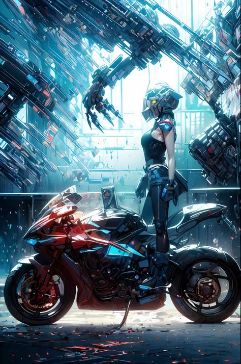 red and blue, optimus prime,(1mechanical boy),solo,cyberpunk city setting,mech helmet, robot,a glowing mech,((ultra realistic de...