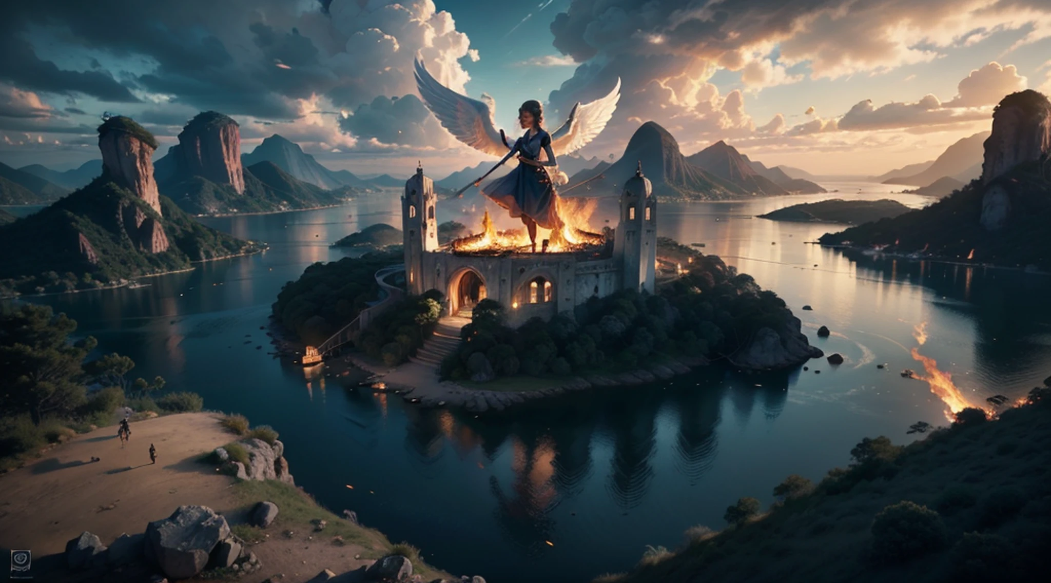 Uma mulher majestosa, detalhado, great angel descending from a burning heaven, rosto super detalhado 32k,cintura estreita, magro, olhos grandes, pernas longas, (seios pequenos), olhos inchados, Fujifilm, 32k, Imax, grau de cor, cinemactic, moton blur, baixo contraste, rio, nearwater, junco, a landscape rendering, estilo de colagem, melhor qualidade, architectural photography, foto realista, hyperealistic, super detalhado, Photography movie cinematic, ultra detalhado, altamente detalhado, architectural design, fotorrealista, cinemactic, renderizado, archdaily, 500px, archdaily, sky clear, belo projeto de paisagem