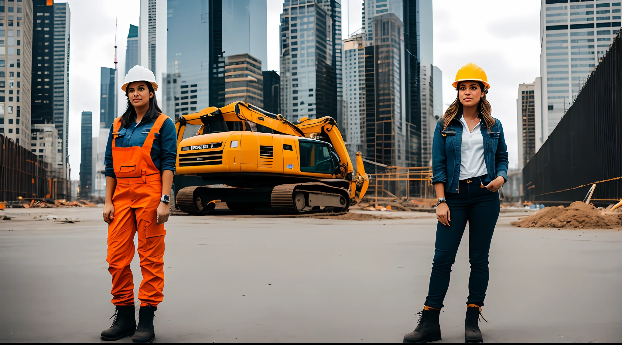 A full-body shot of a young woman embracing her role as a construction worker, her attire juxtaposed against the urban surroundings, Fujifilm X-T4 with 23mm f/2 lens, dynamic cityscape backdrop, lifestyle portrait.