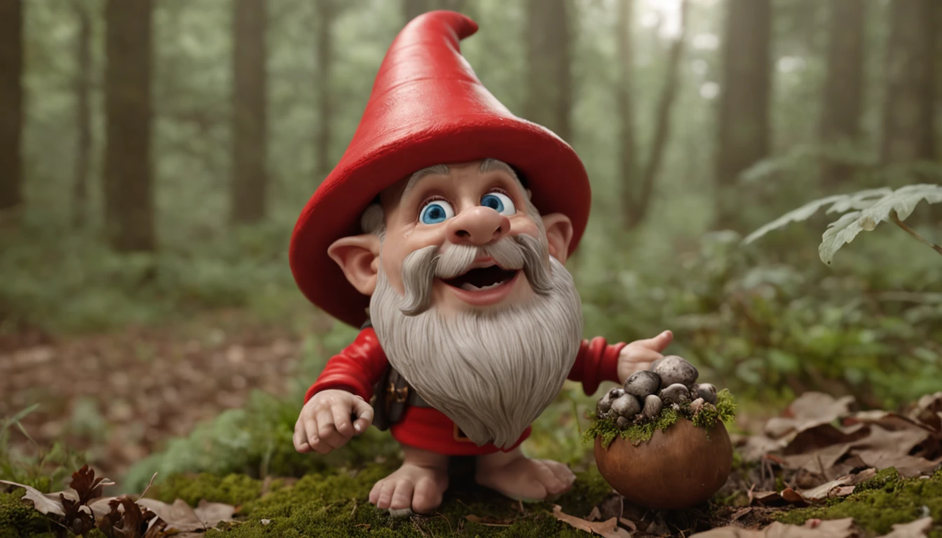 funny forest gnomes under big mushrooms, , in the style of unreal engine 5, duffy sheridan, 32k uhd, douglas smith, michael malm, hyper-realistic representation, close up